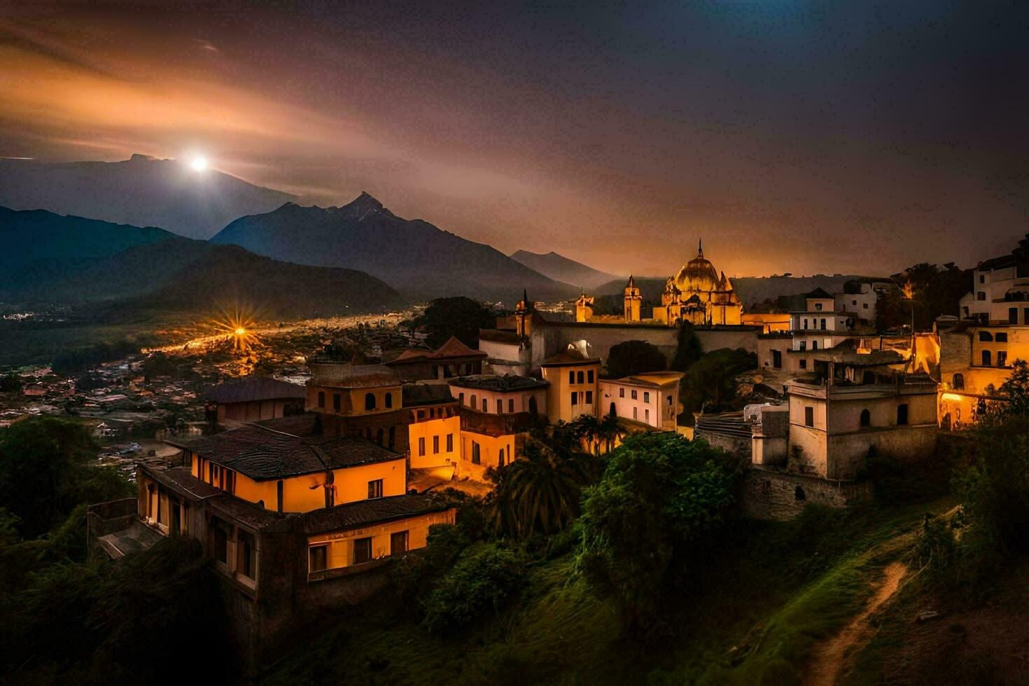 photo wallpaper the sky, mountains, night, the moon, the city, the moon, the. AI-Generated