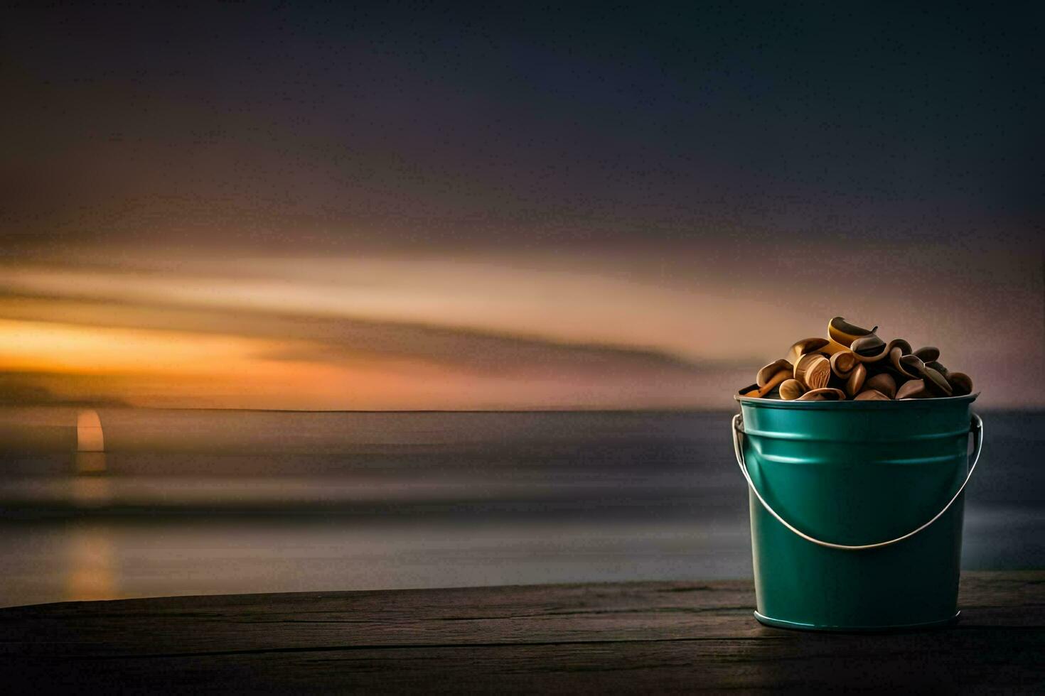 a bucket of nuts on a wooden table in front of the ocean. AI-Generated photo