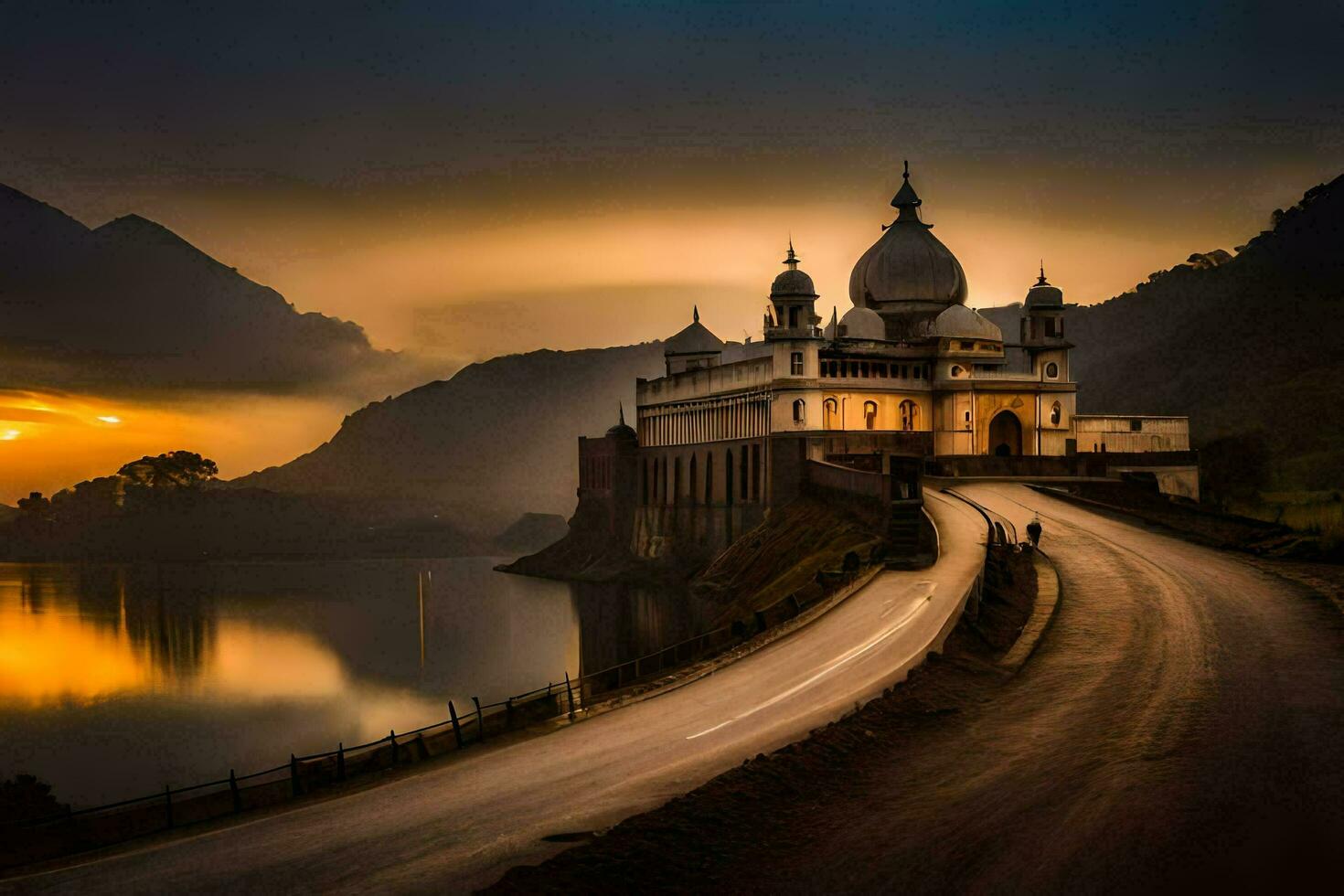 a road leading to a church in the mountains. AI-Generated photo