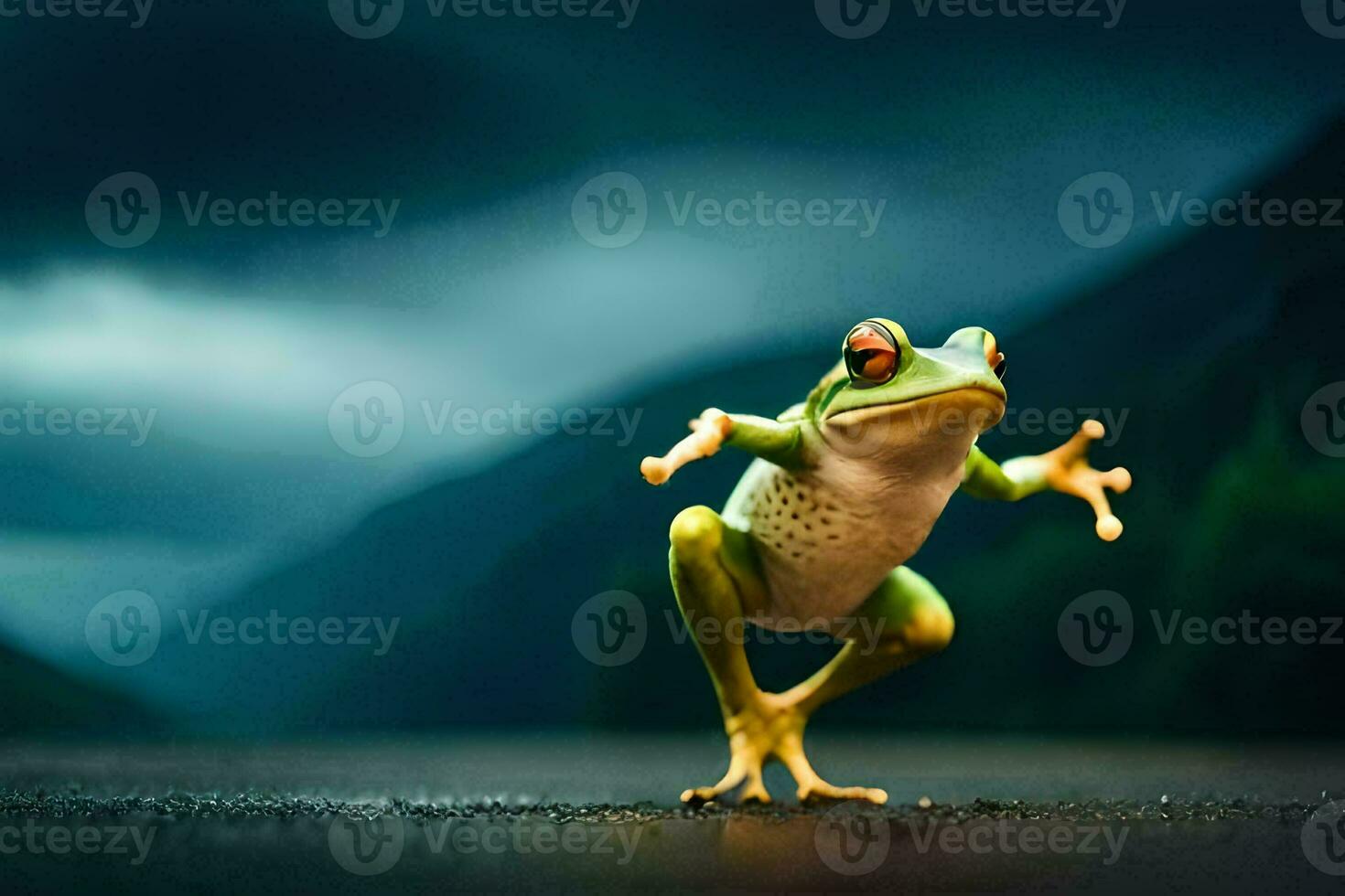 a frog is standing on its hind legs on a dark road. AI-Generated photo