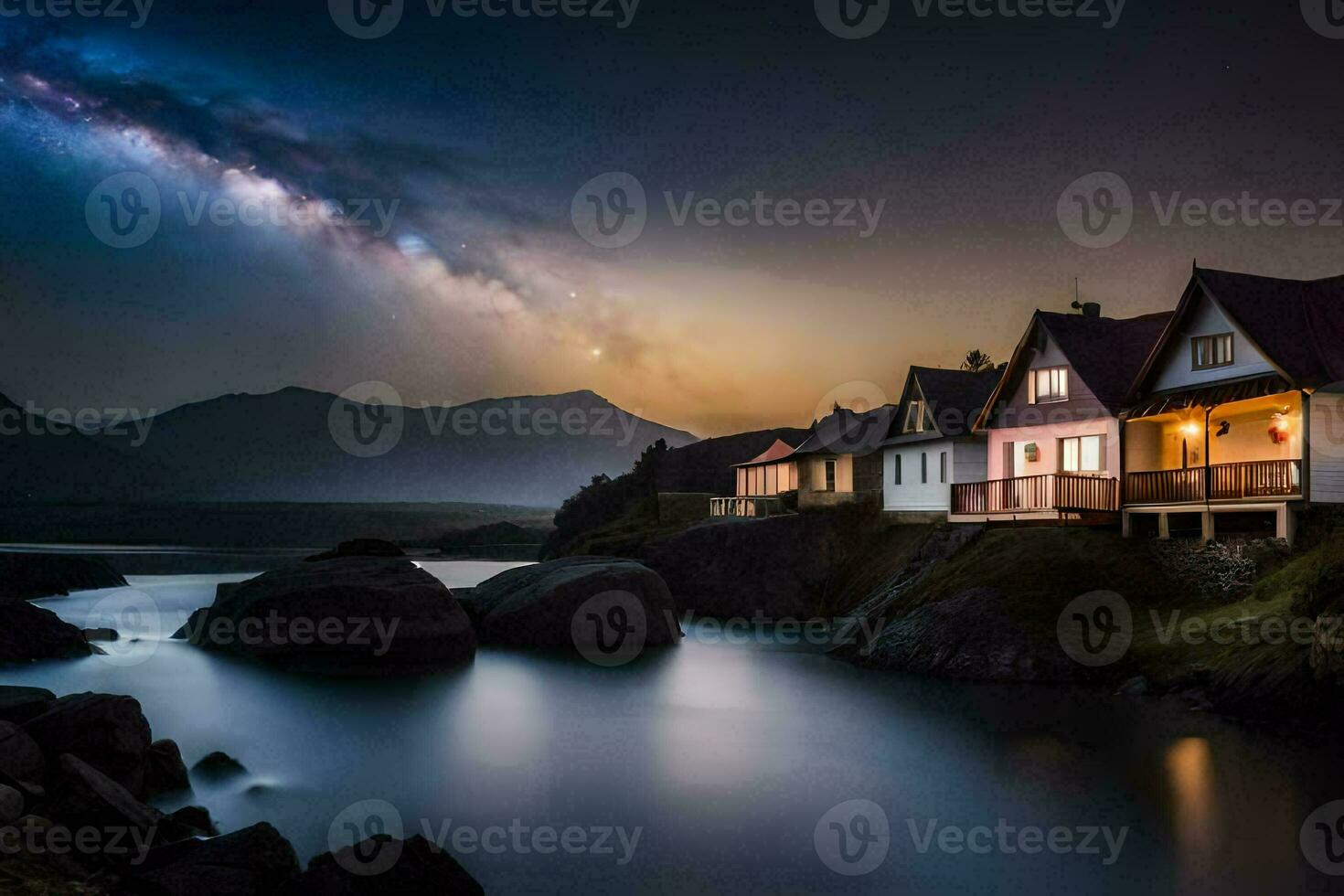 a house in the mountains with a milky sky. AI-Generated photo