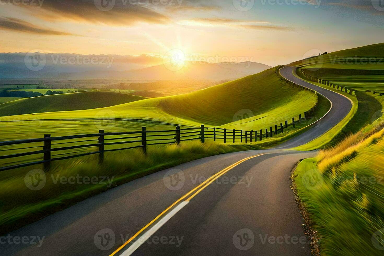 a winding road in the countryside at sunset. AI-Generated photo