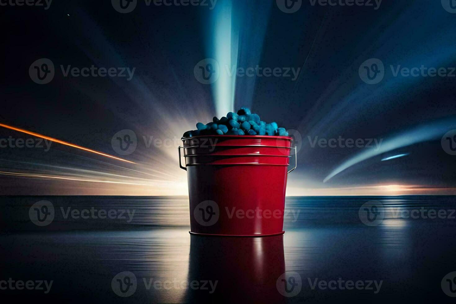 a bucket of blue pills sitting on the floor. AI-Generated photo