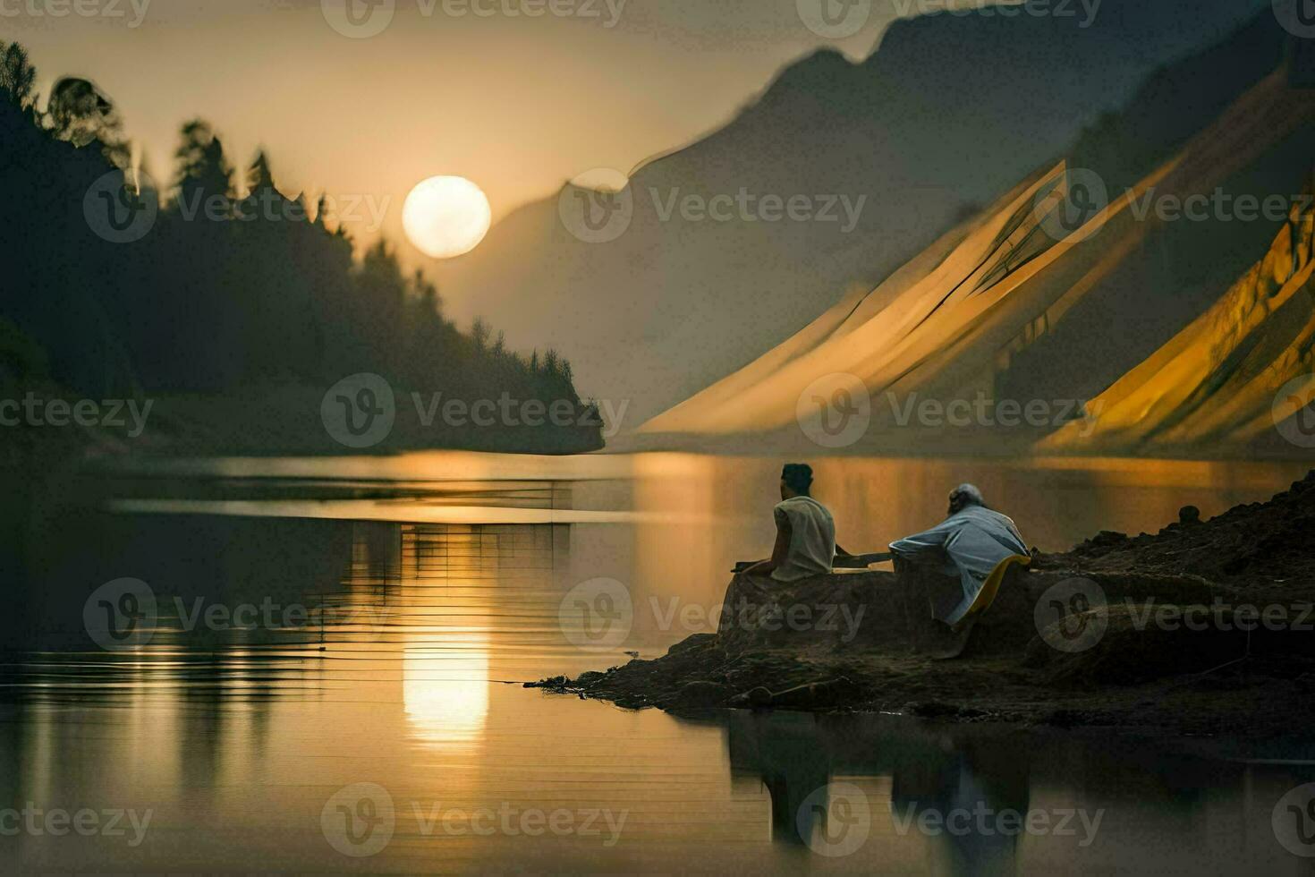 dos personas sentado en el borde de un lago a puesta de sol. generado por ai foto