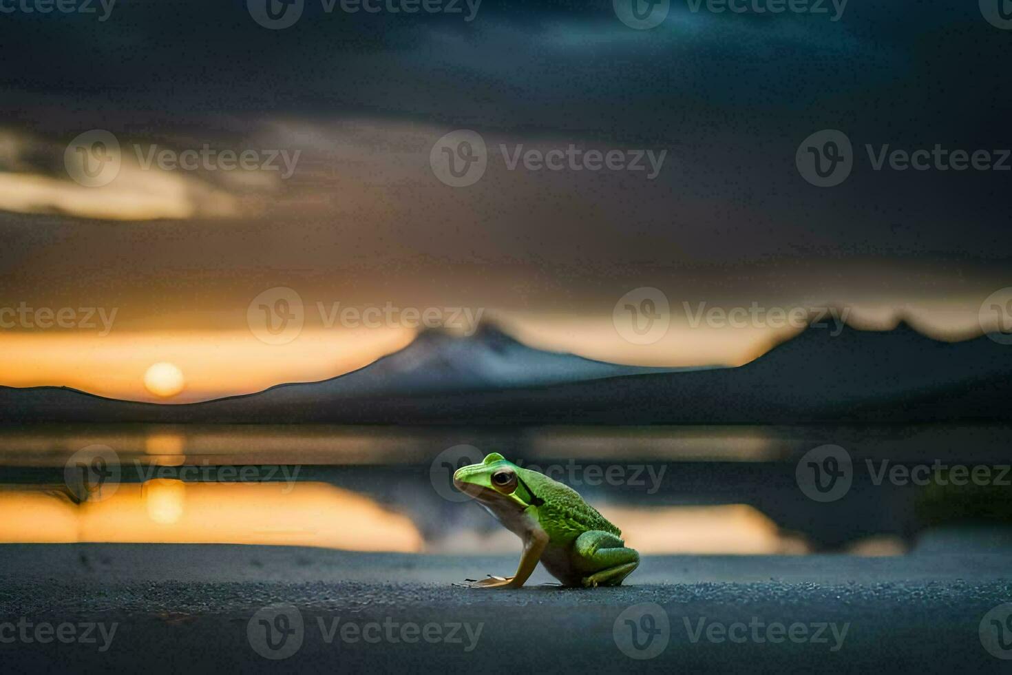 a frog sitting on the ground at sunset. AI-Generated photo