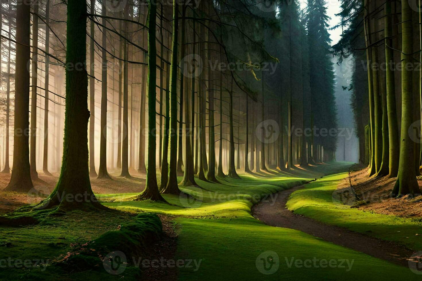 a path through a forest with trees and grass. AI-Generated photo