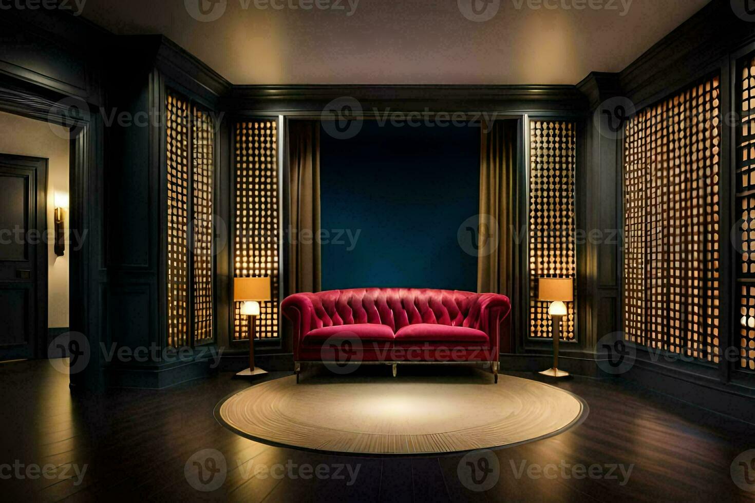 a red couch sits in a room with dark wood walls. AI-Generated photo