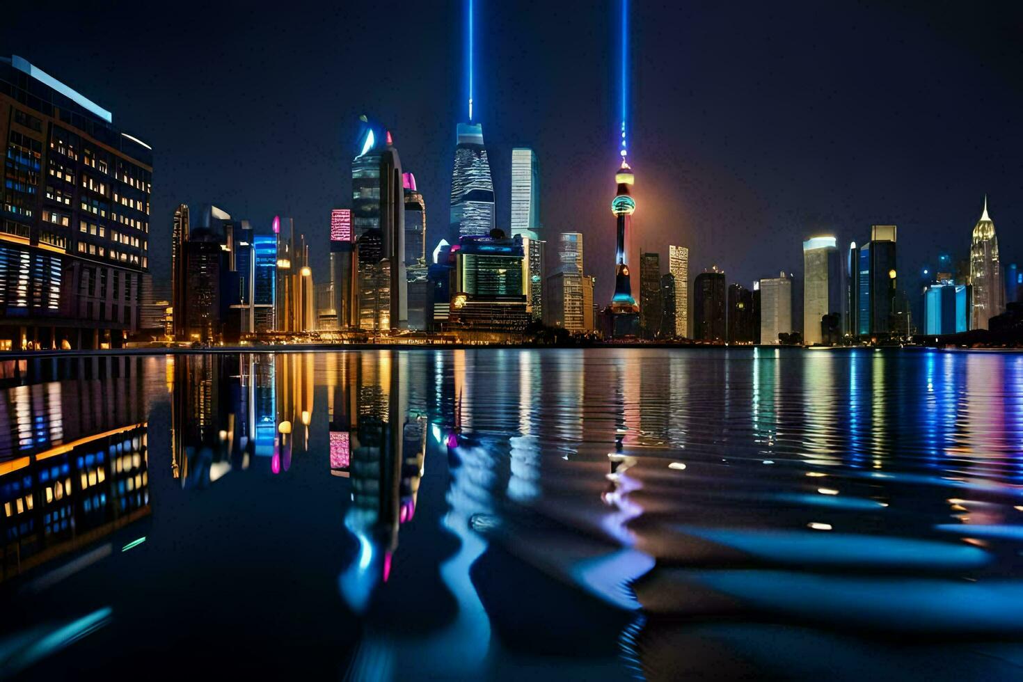 the city skyline is reflected in the water. AI-Generated photo