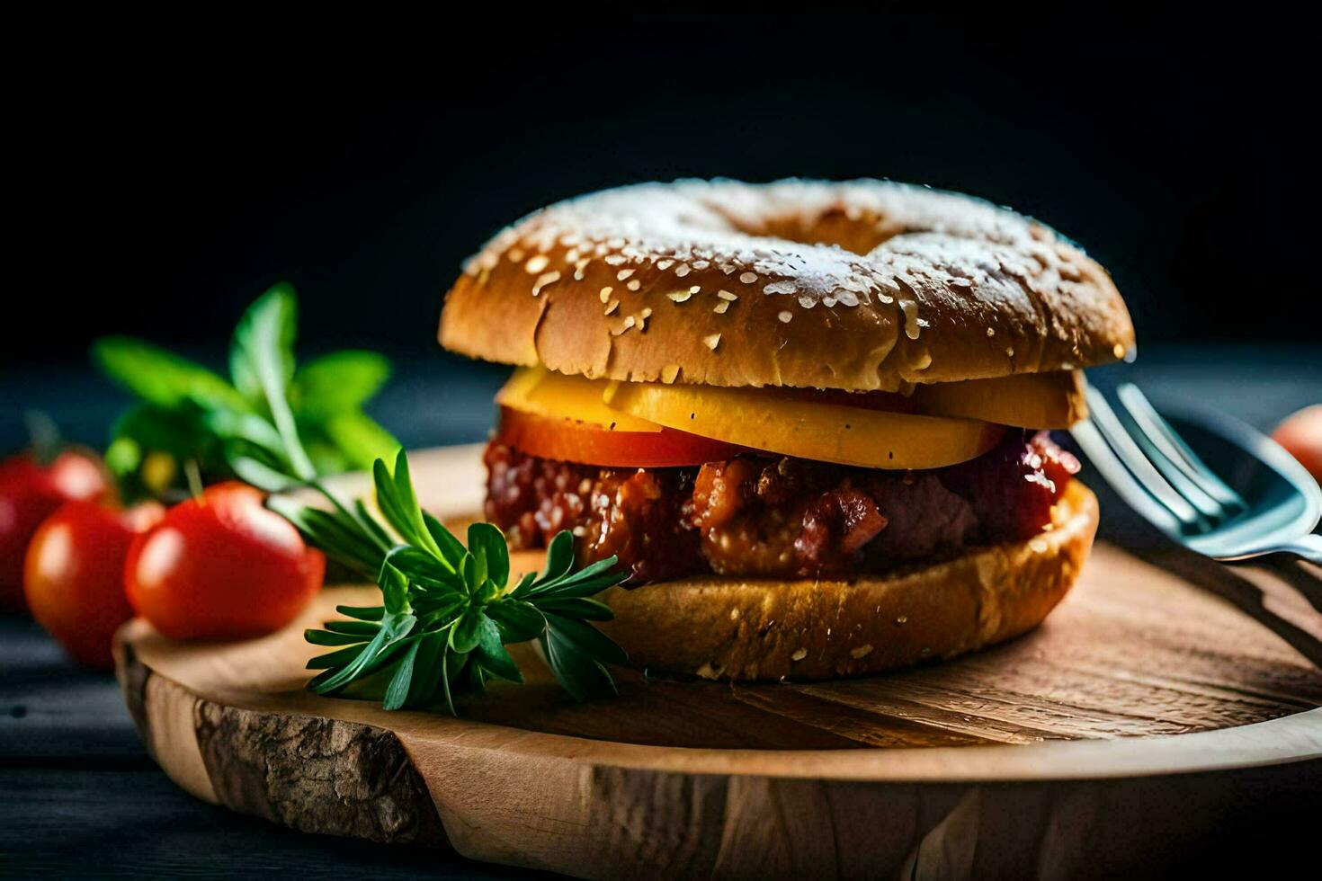 hamburger on a bagel with tomatoes and herbs. AI-Generated 33417156 ...