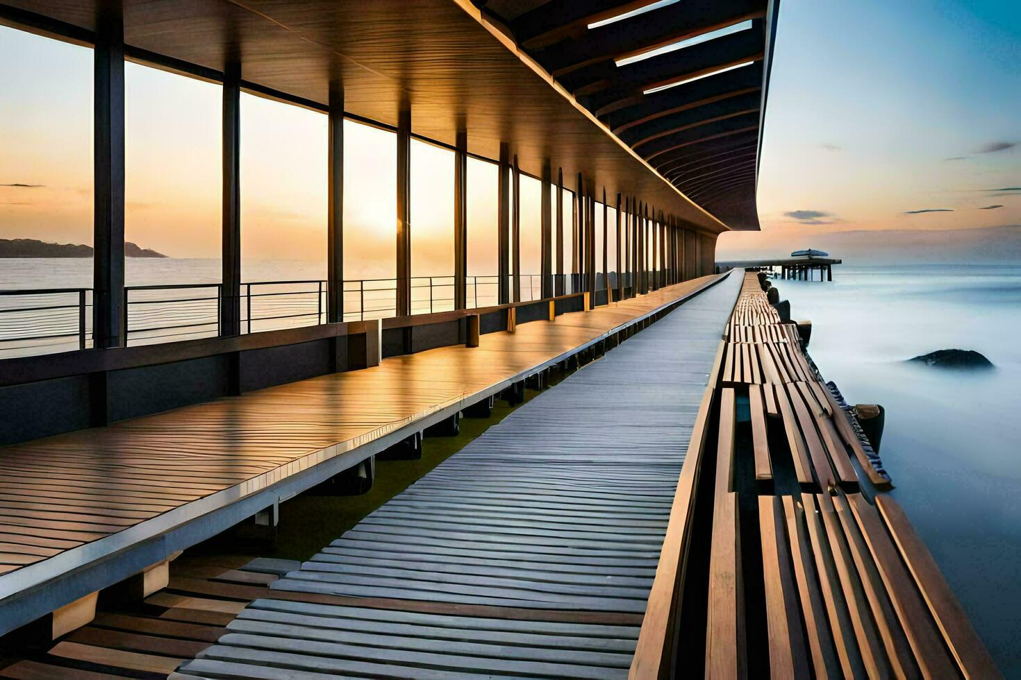 a long wooden pier with benches overlooking the ocean. AI-Generated photo
