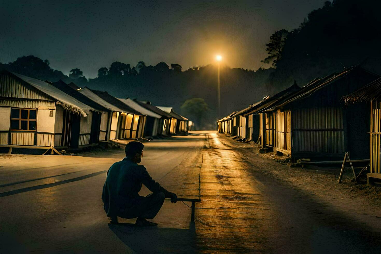 a man sitting on the road in front of a village at night. AI-Generated photo