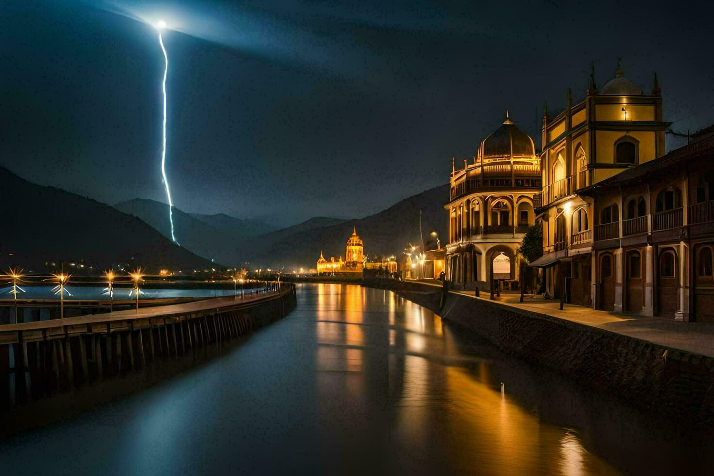 lightning strikes over a river in the middle of a town. AIGenerated