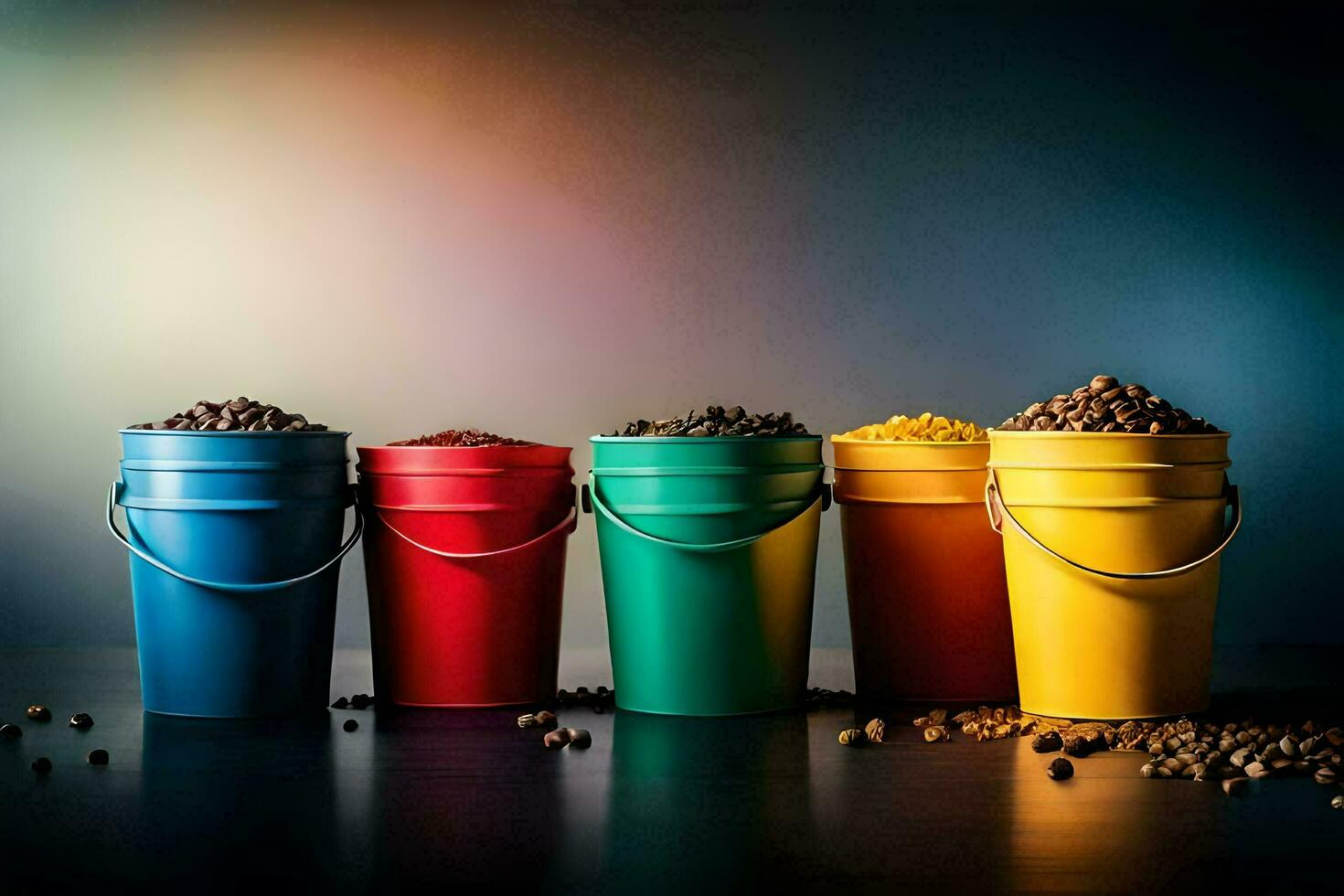 colorful buckets of coffee beans. AI-Generated photo