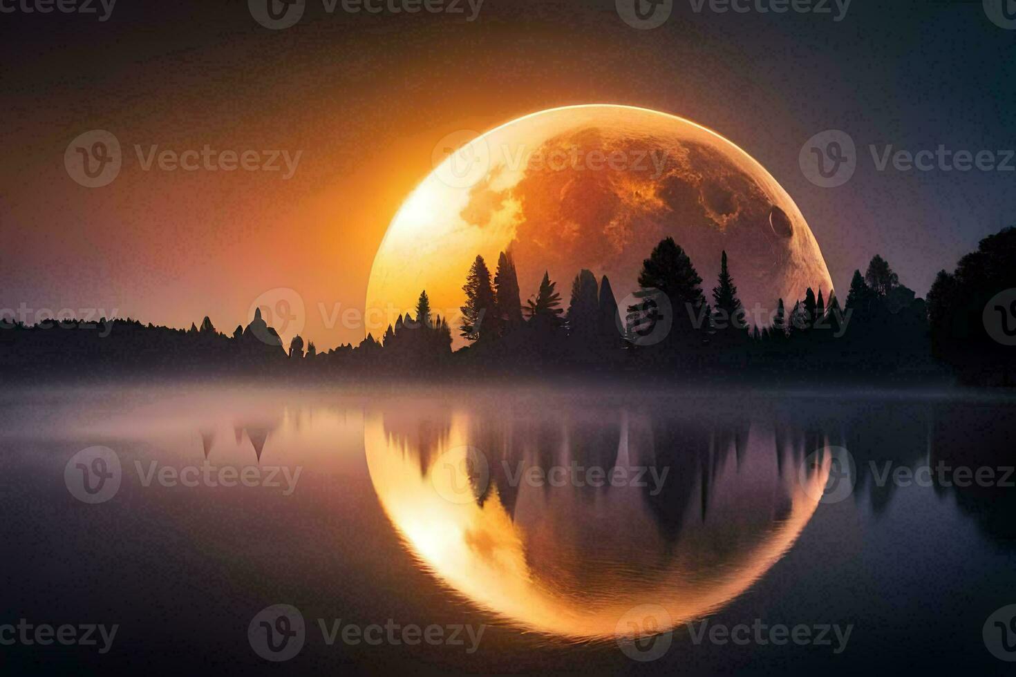the moon is reflected in the water as it rises over a forest. AI-Generated photo