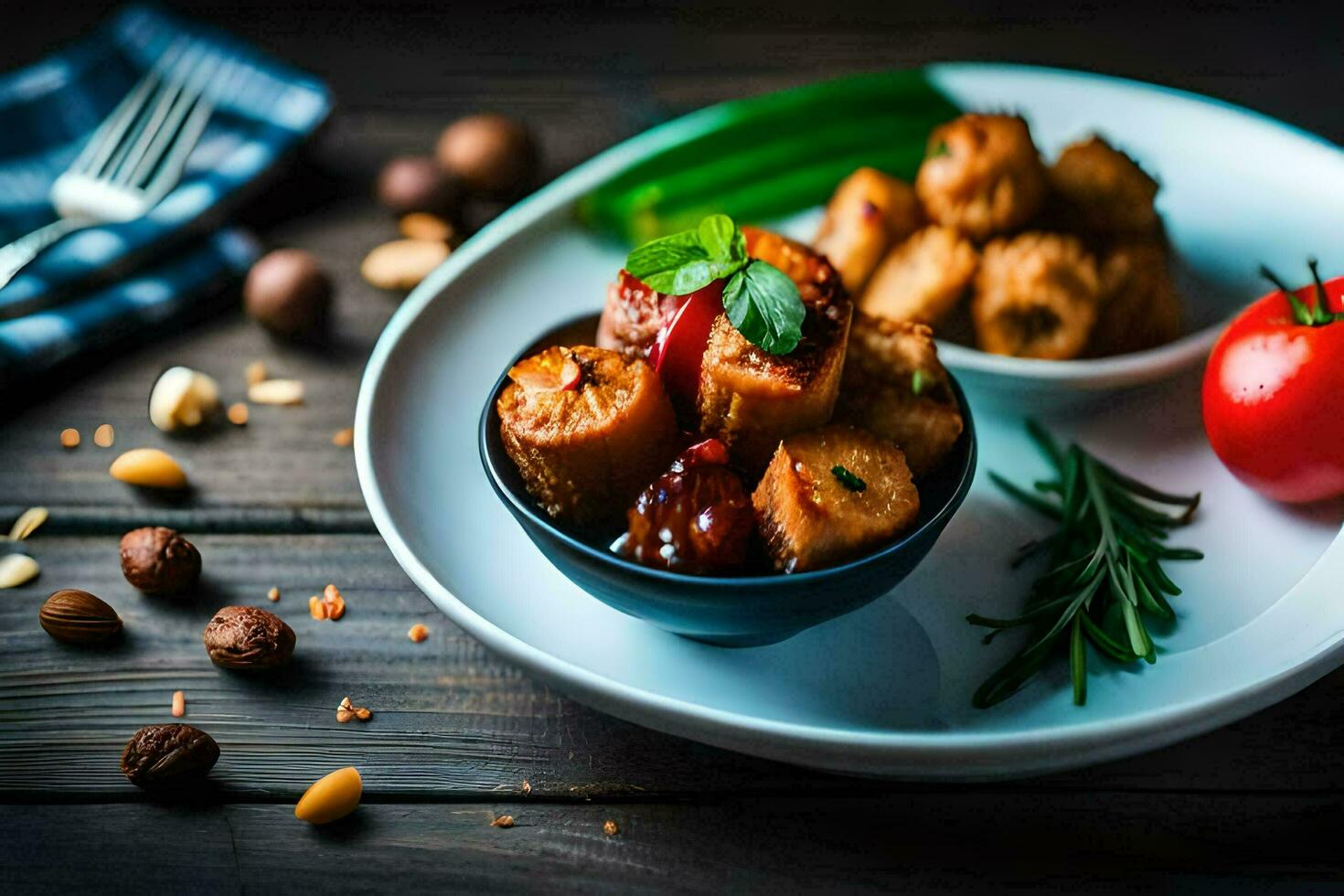 the food is served on a plate with a knife and fork. AI-Generated photo