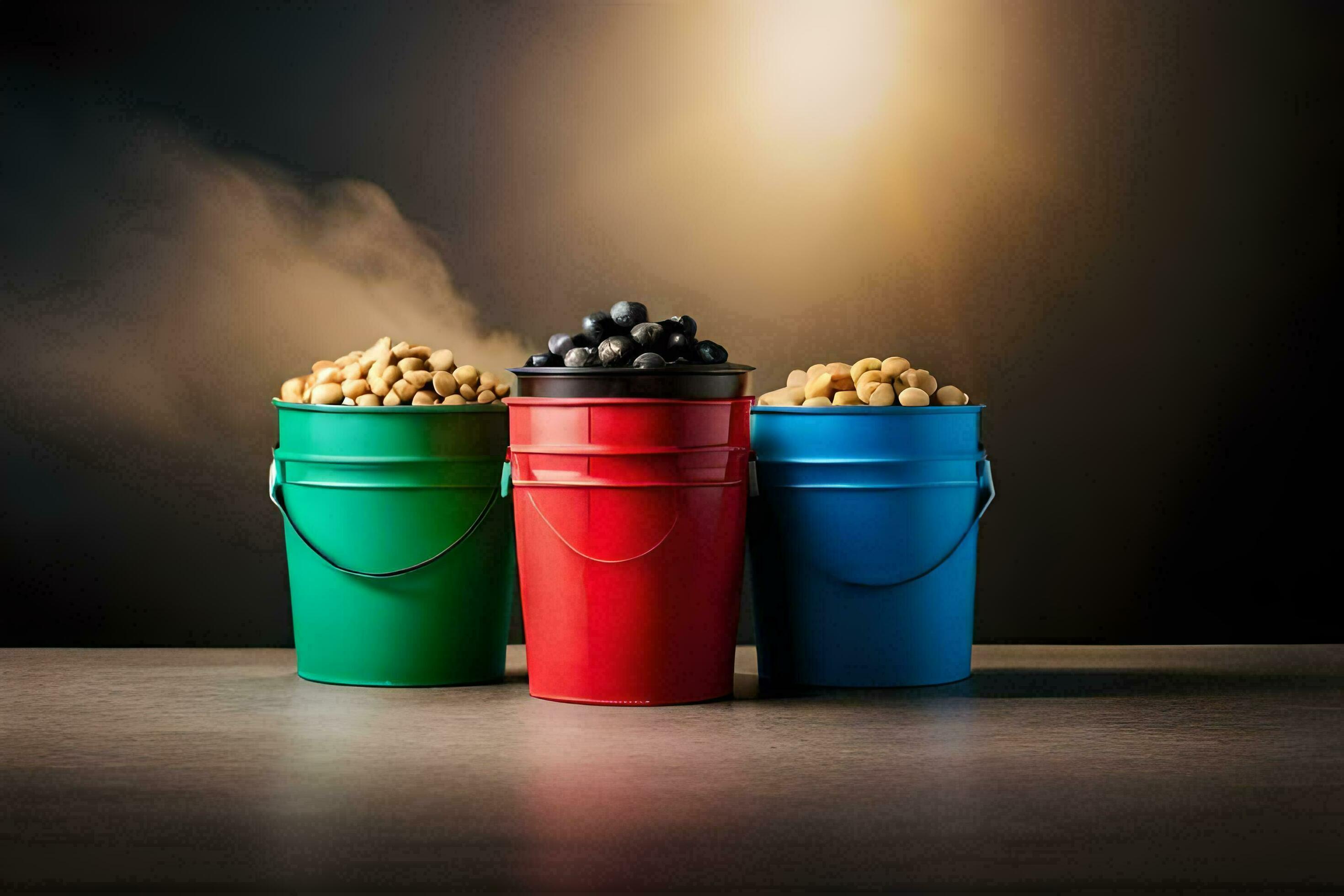 three buckets of nuts on a table. AIGenerated 33417422 Stock Photo at