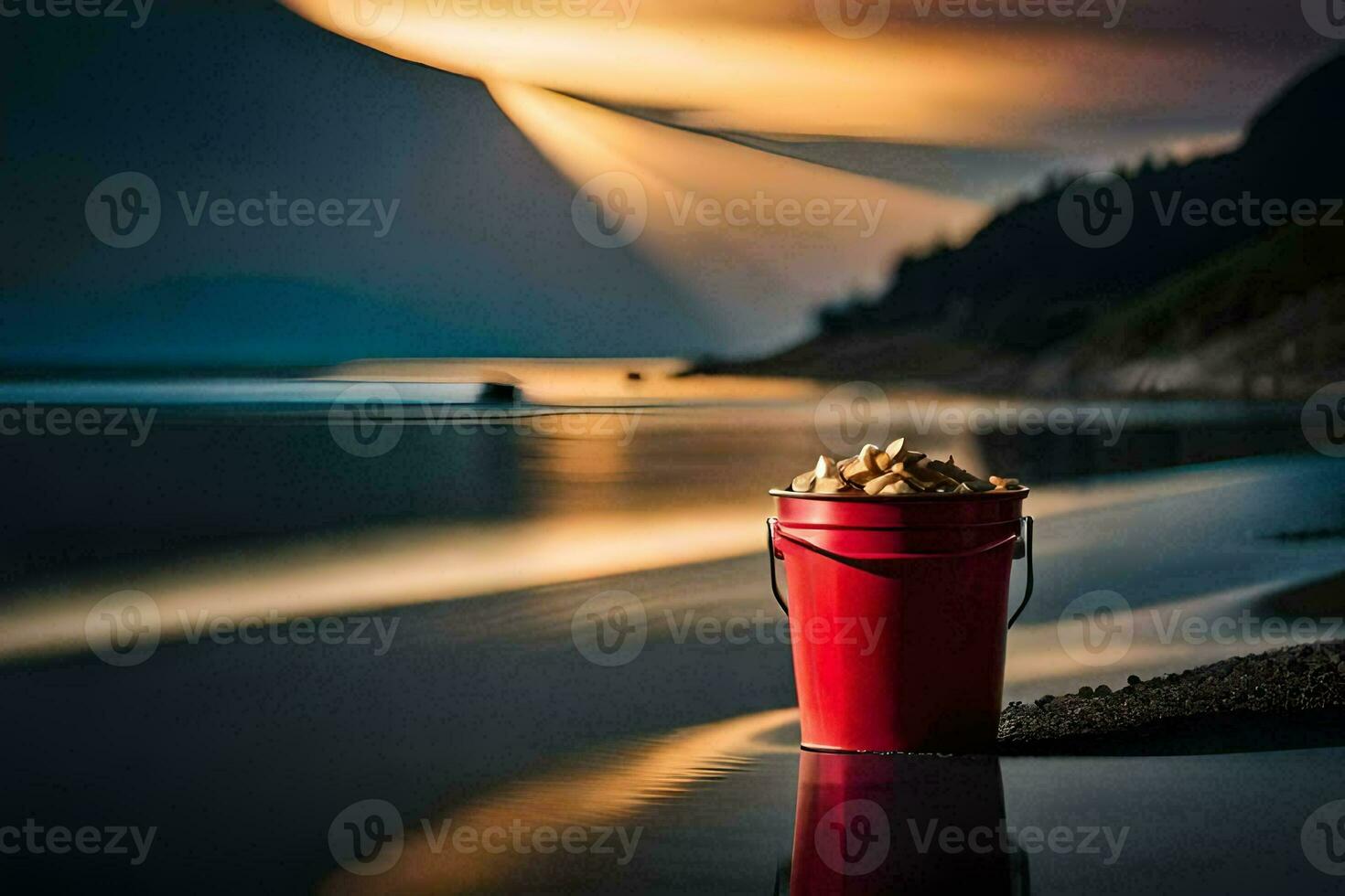 a bucket of popcorn on the beach at sunset. AI-Generated photo