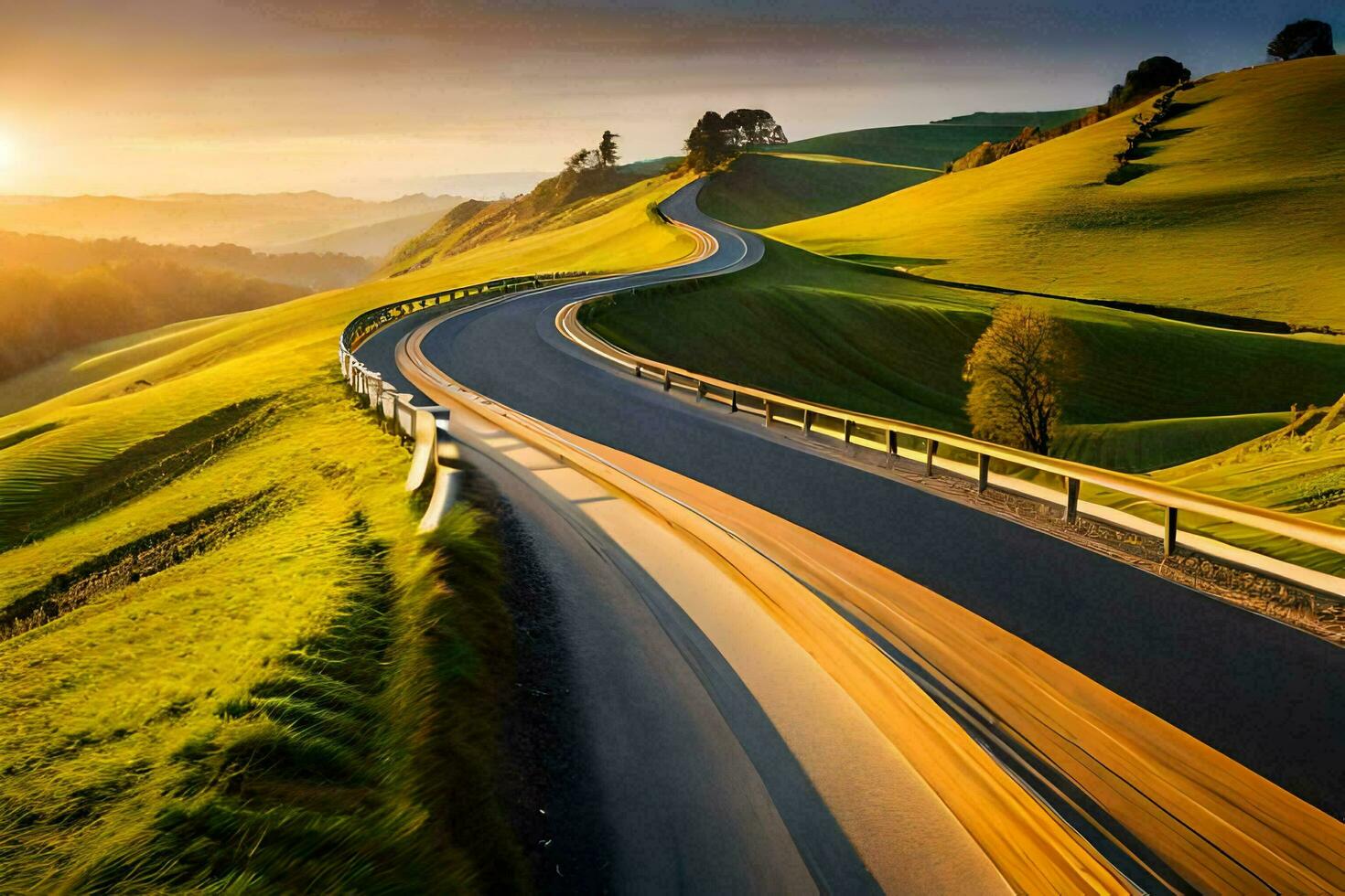 the sun sets over a winding road in the mountains. AI-Generated photo