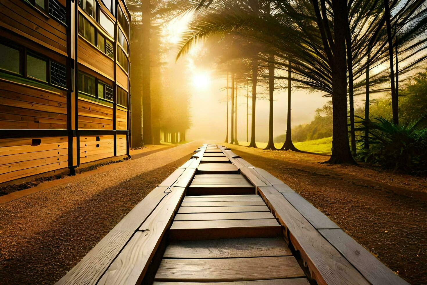 a wooden walkway leads to a building with trees. AI-Generated photo