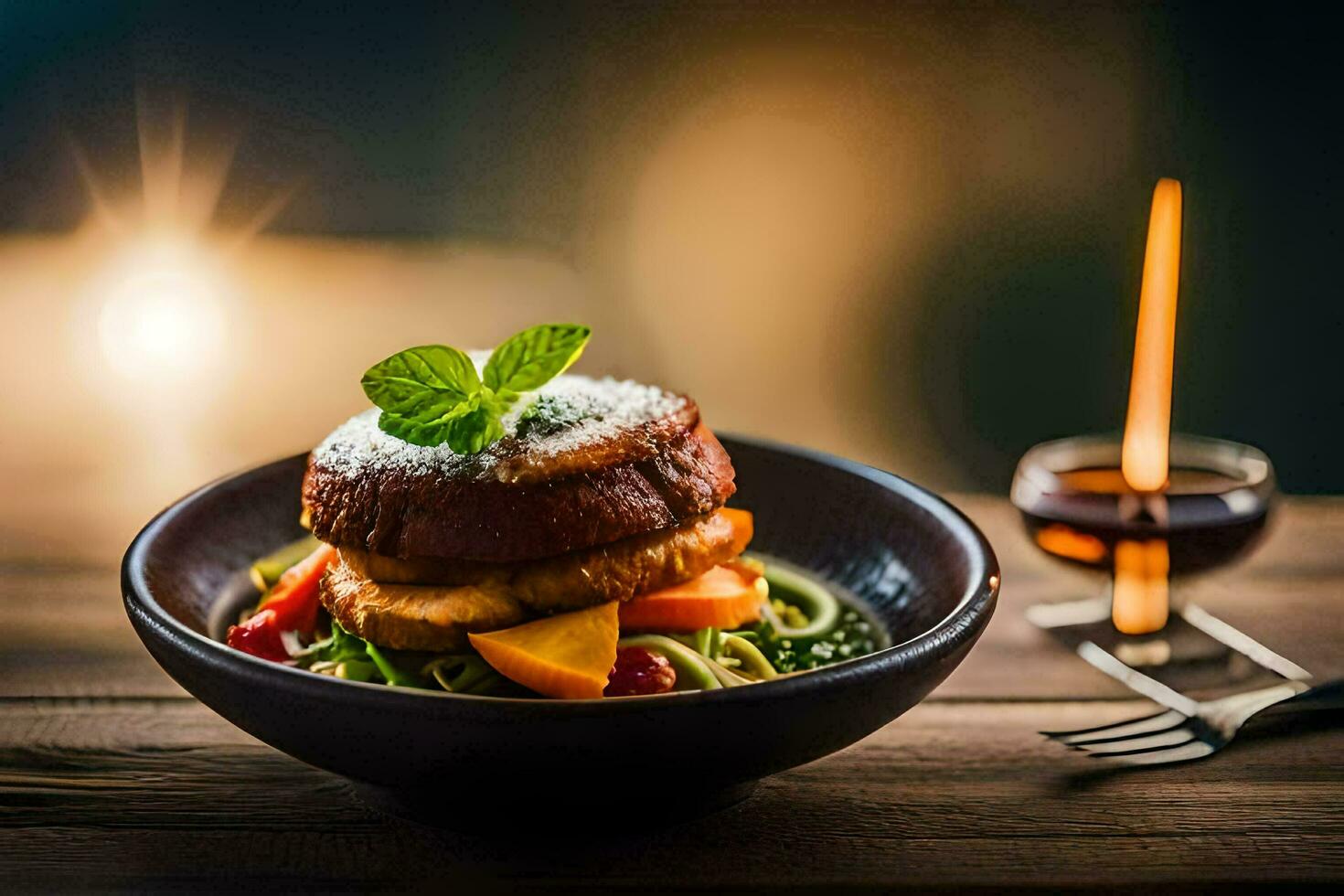 a plate with food on it and a candle. AI-Generated photo