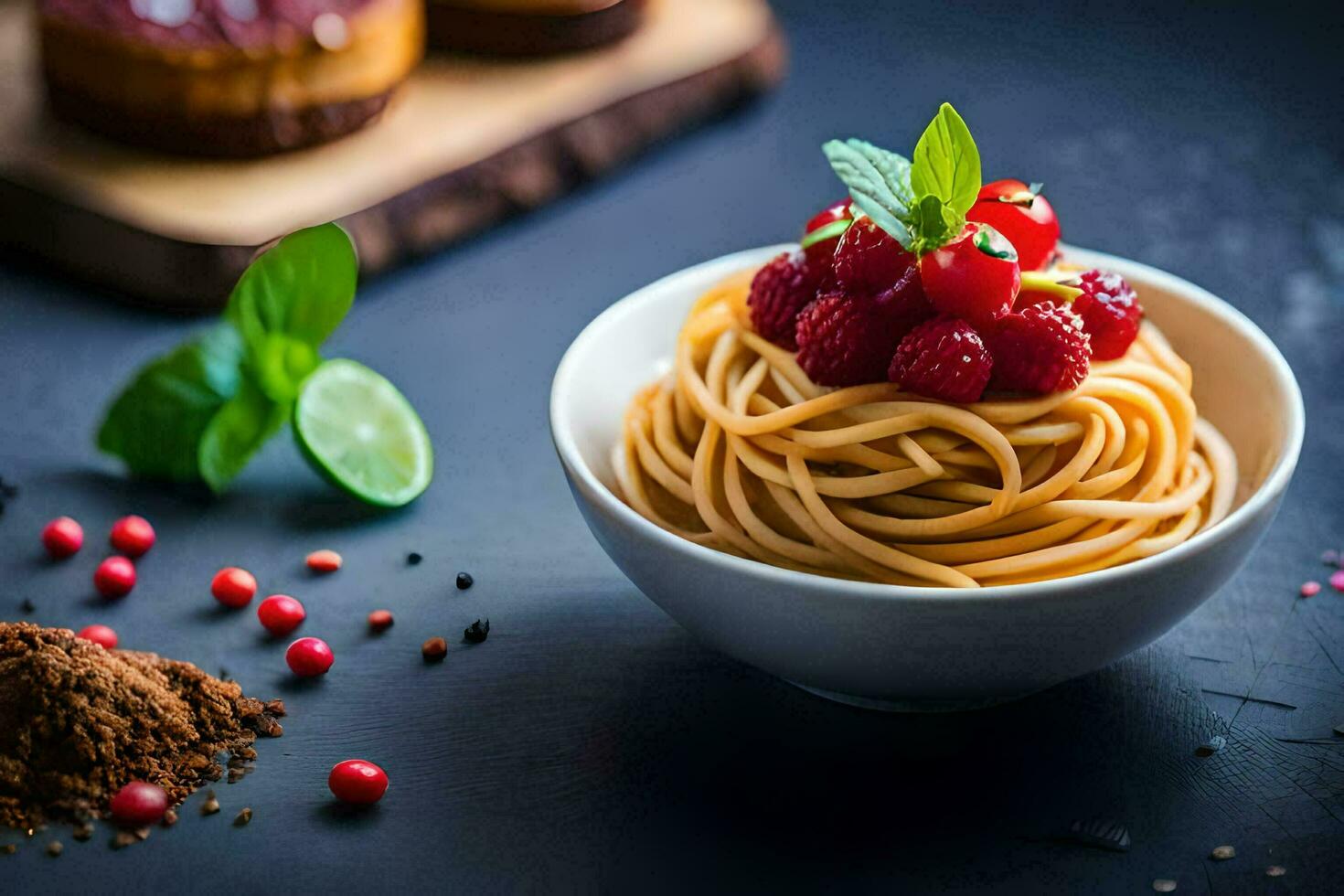 spaghetti with raspberries and mint leaves in a bowl. AI-Generated photo