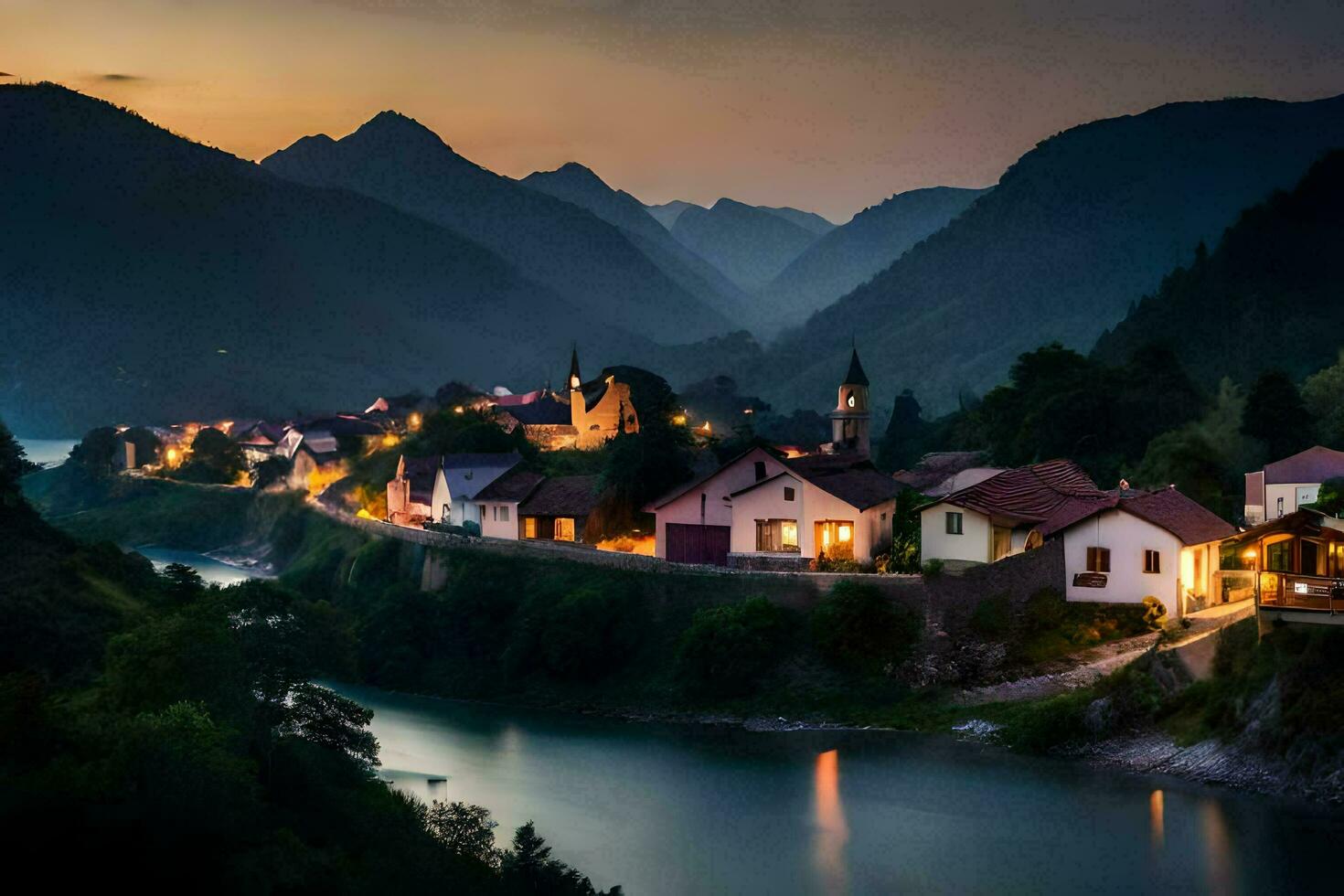 photo wallpaper the sky, mountains, river, village, night, river, mountains, sloven. AI-Generated