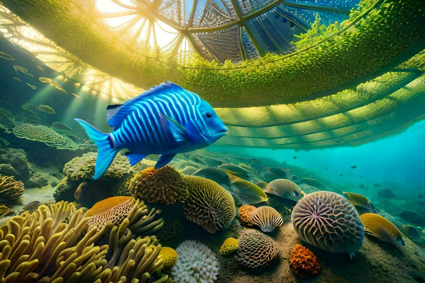 a blue fish swims in the ocean with coral reefs. AI-Generated photo