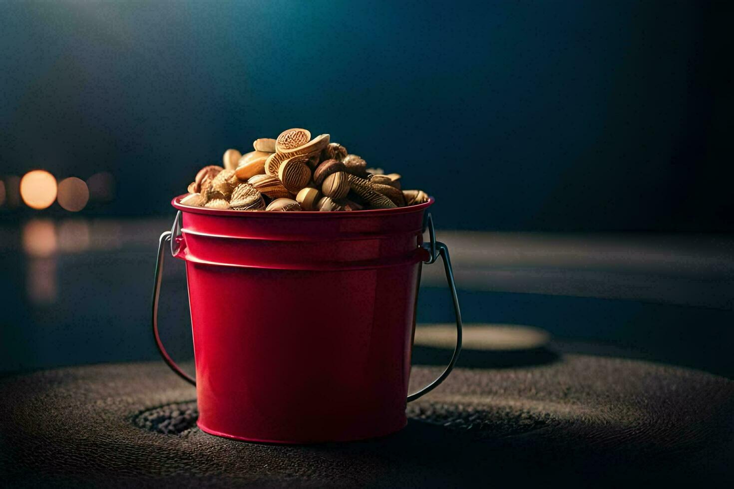 a red bucket filled with peanuts on a dark surface. AI-Generated photo