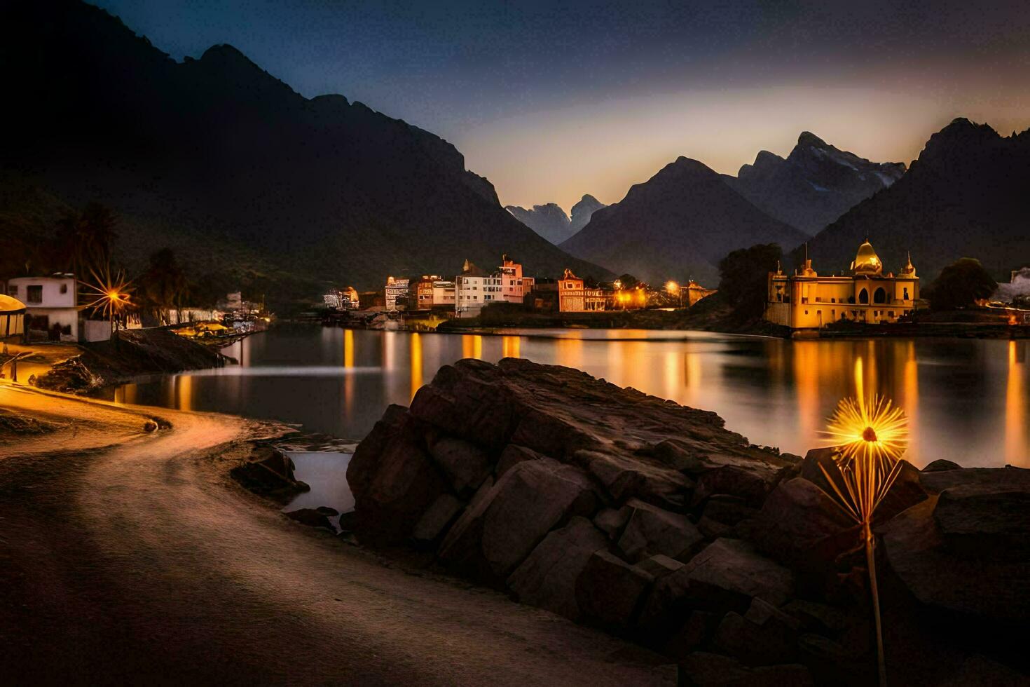 un lago y un montaña pueblo a noche. generado por ai foto