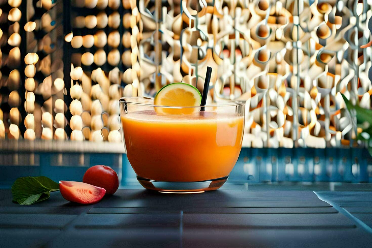 un vaso de naranja jugo con un rebanada de Lima. generado por ai foto