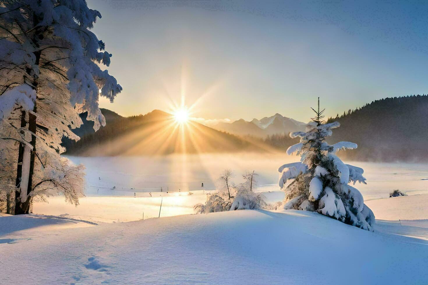 the sun shines brightly over a snowy landscape. AI-Generated photo