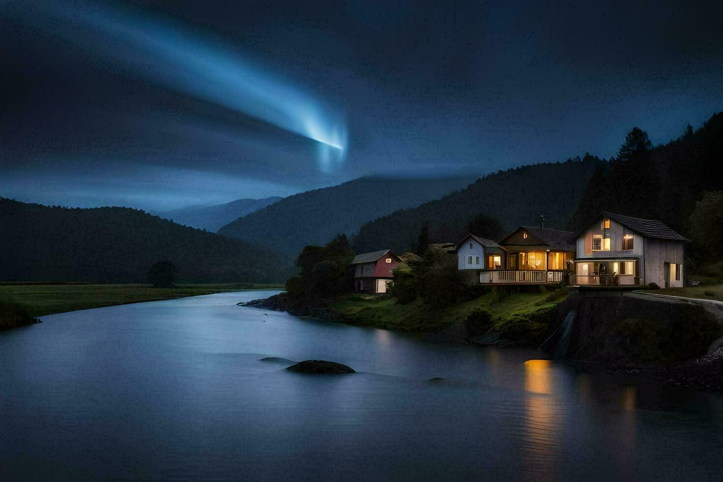 un casa y un río debajo un oscuro cielo. generado por ai foto