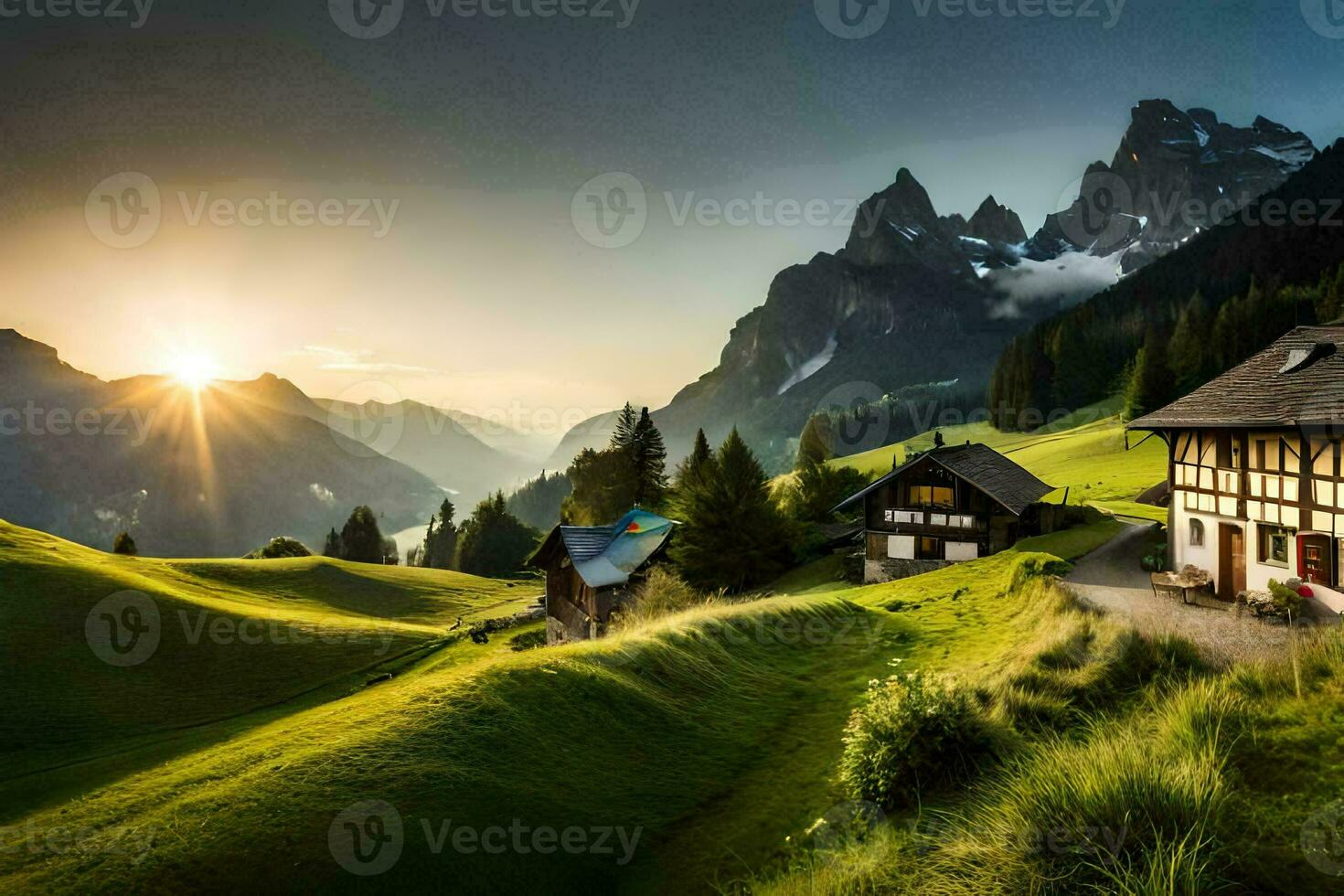 the sun rises over the mountains in the alps. AI-Generated photo