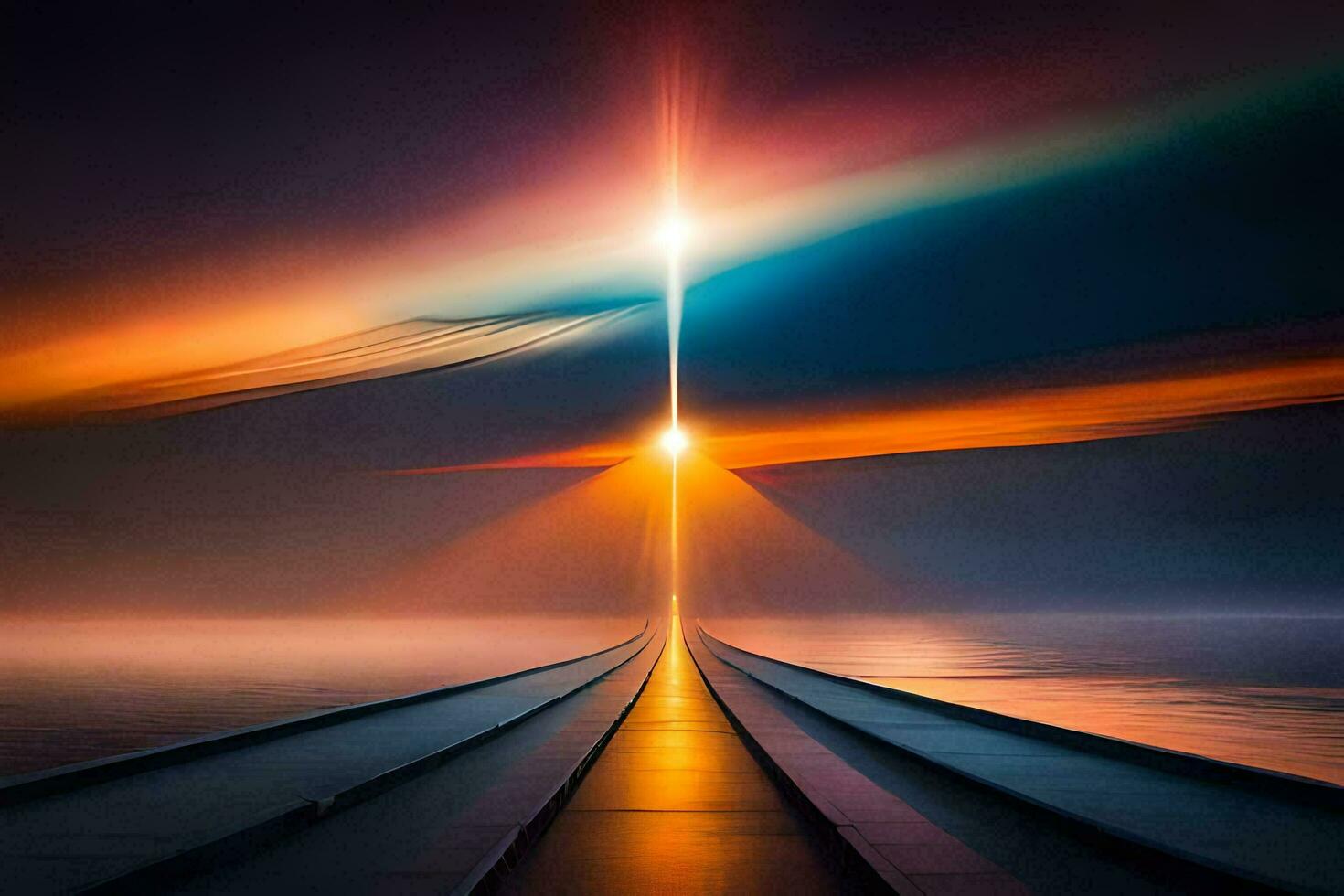 a long bridge with a bright light shining through it. AI-Generated photo
