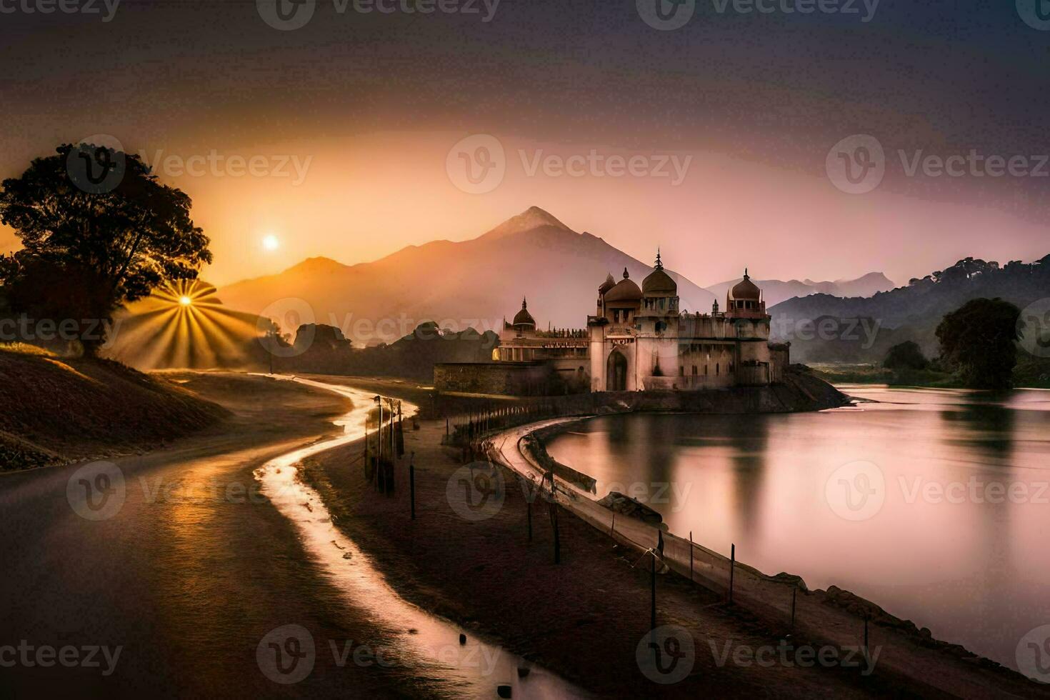 the sun rises over a lake and a palace. AI-Generated photo