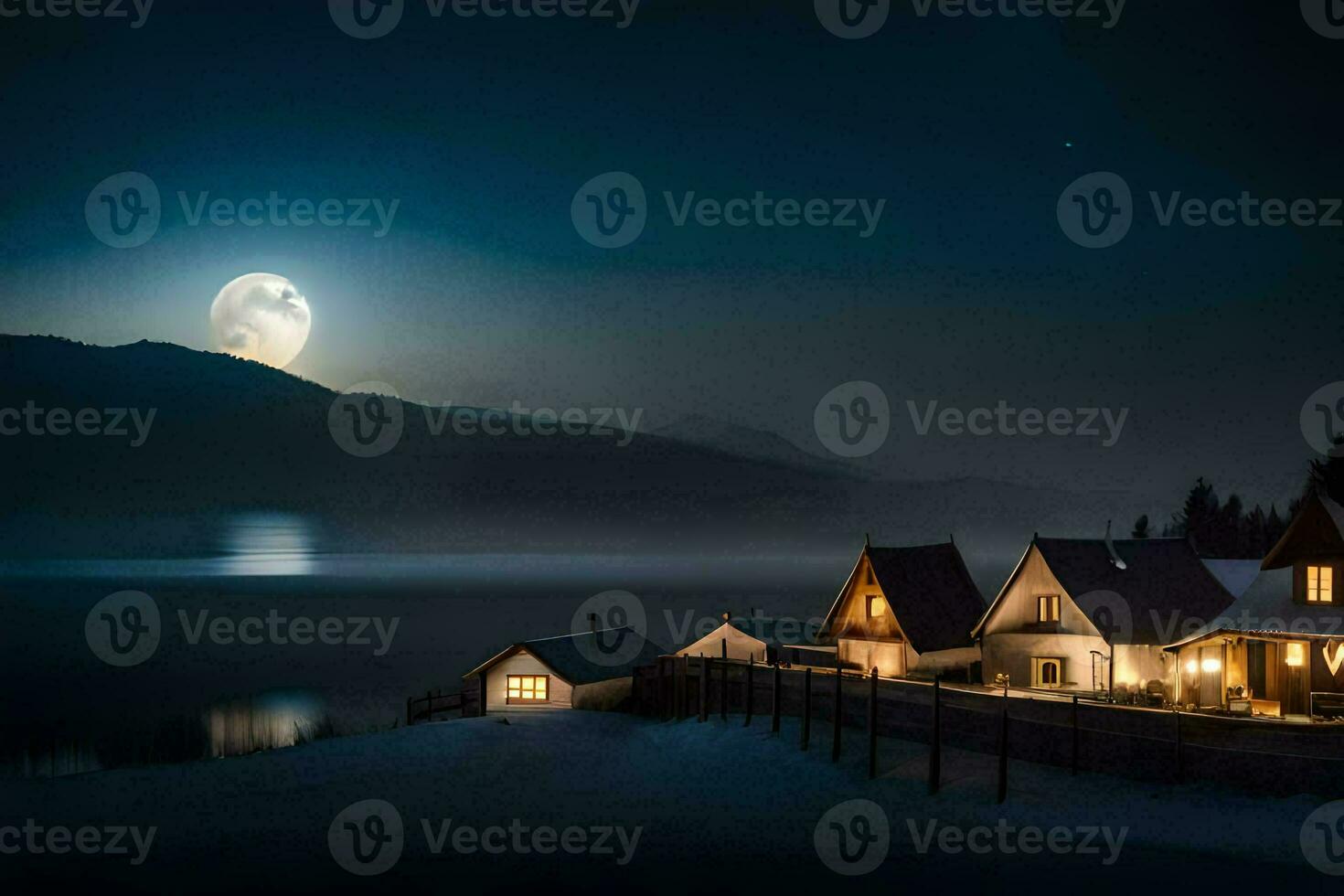 a moonlit lake and houses at night. AI-Generated photo