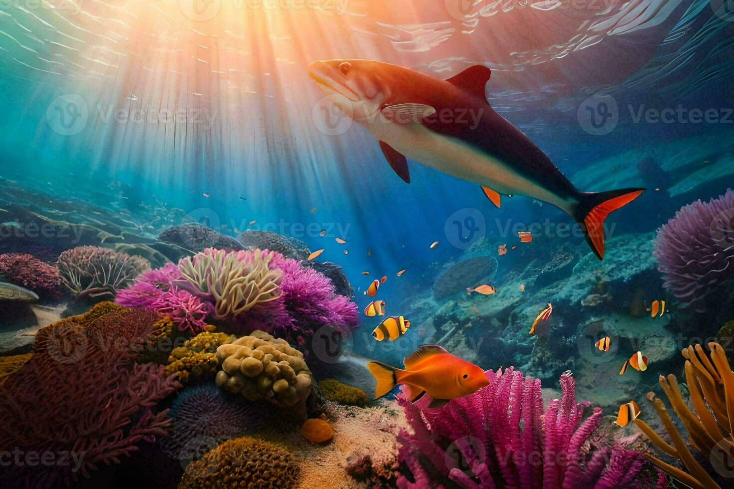 a shark swimming in the ocean with coral reefs. AI-Generated photo