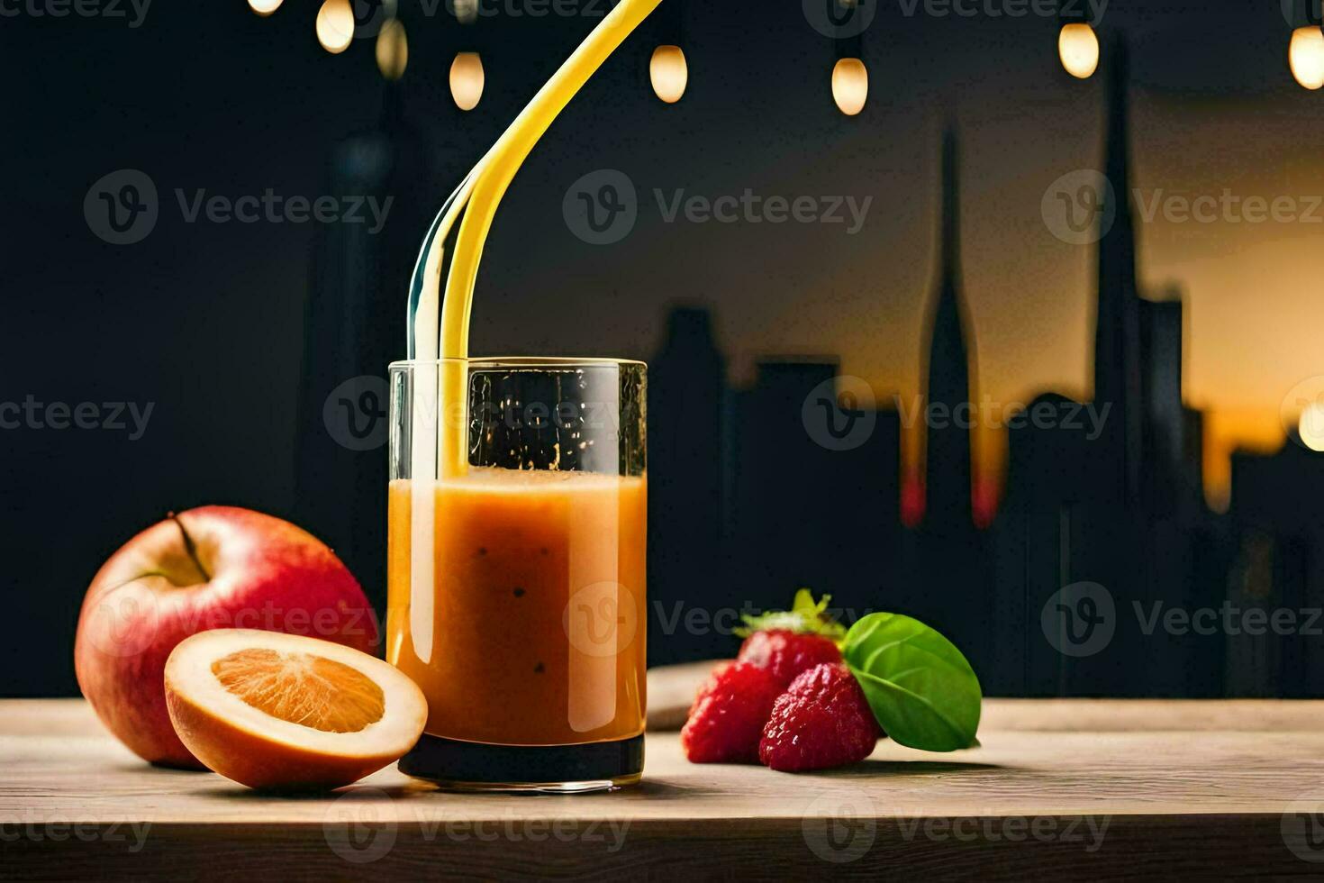 a glass of juice with fruit and a cityscape in the background. AI-Generated photo