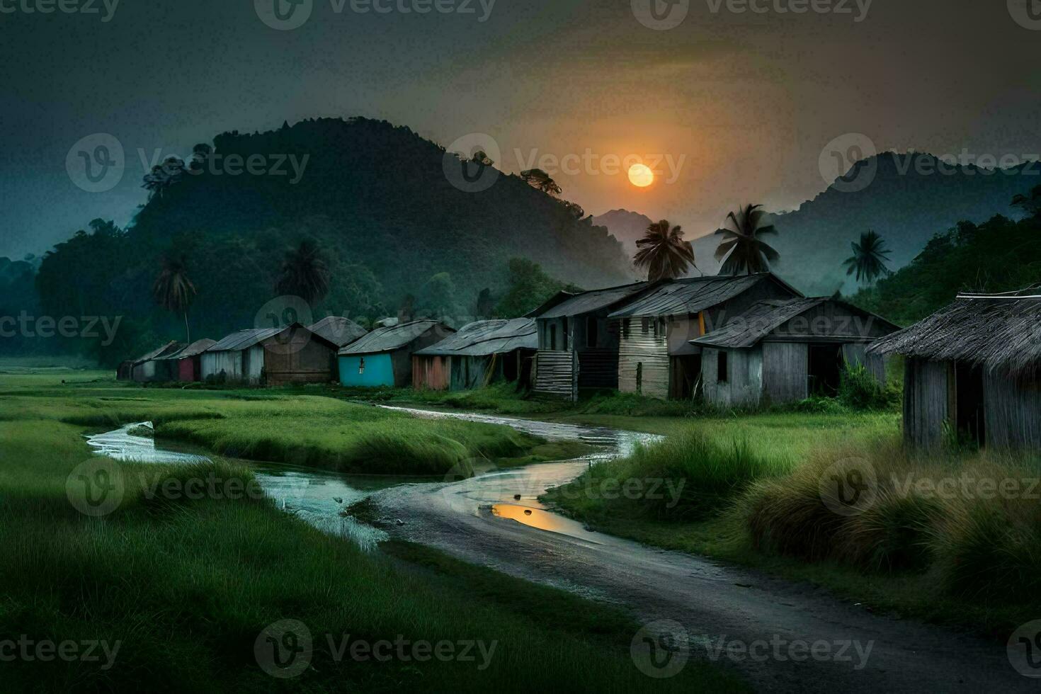 photo wallpaper the sky, grass, the countryside, the sun, the mountains, the village,. AI-Generated