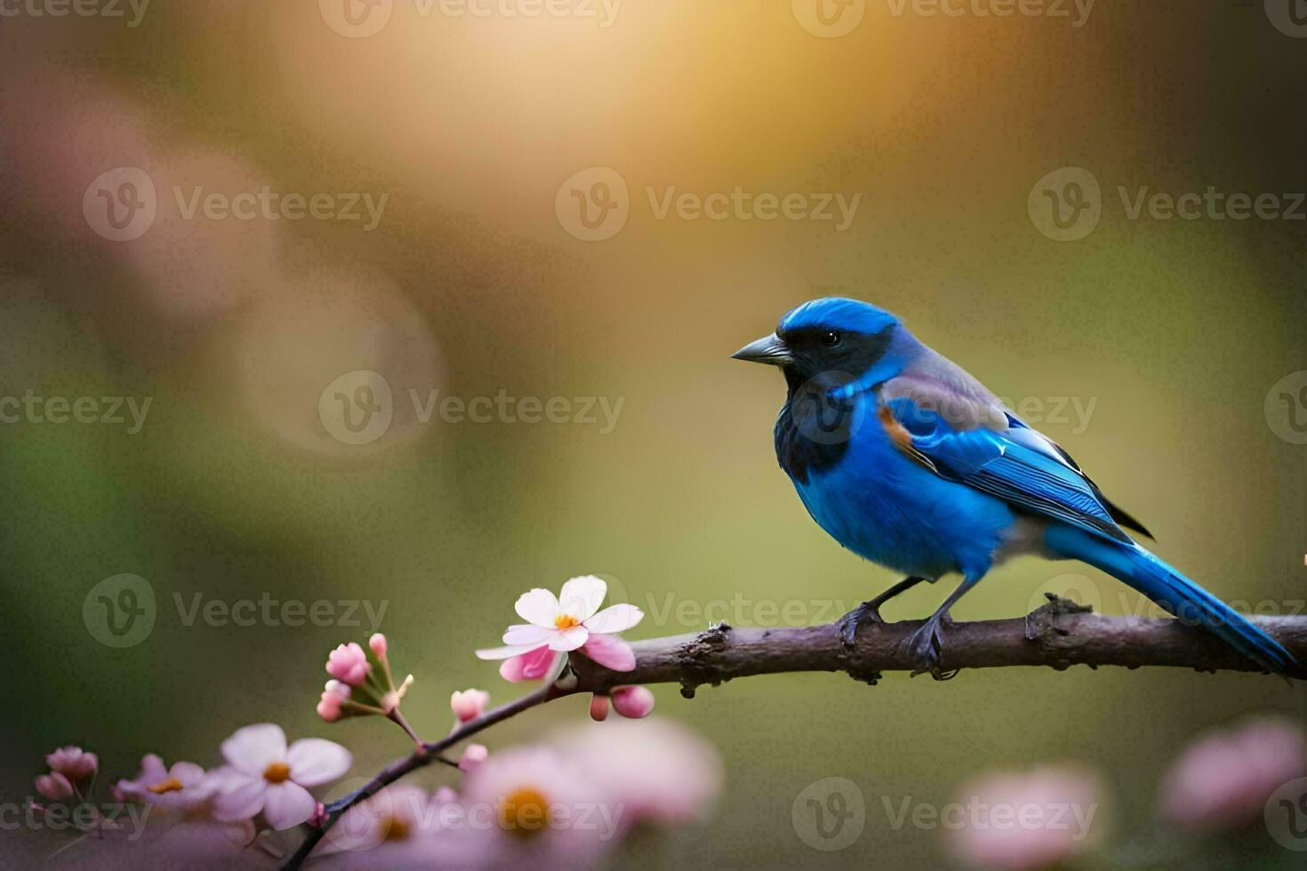 a blue bird sits on a branch with pink flowers. AI-Generated photo
