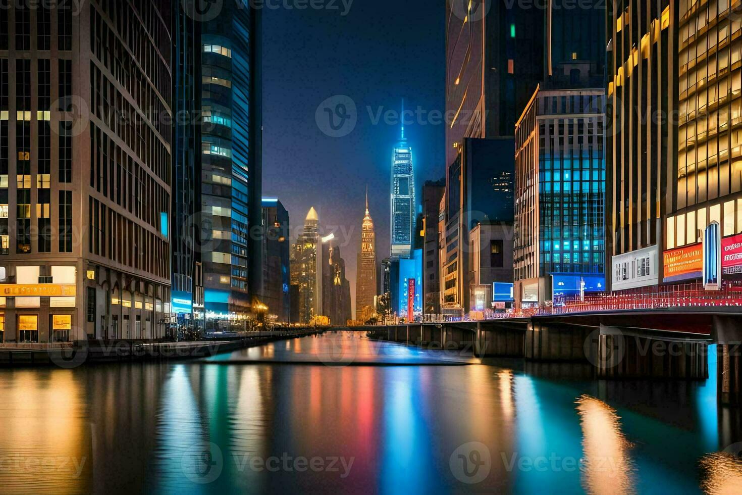 photograph - chicago river at night by james kennedy. AI-Generated photo