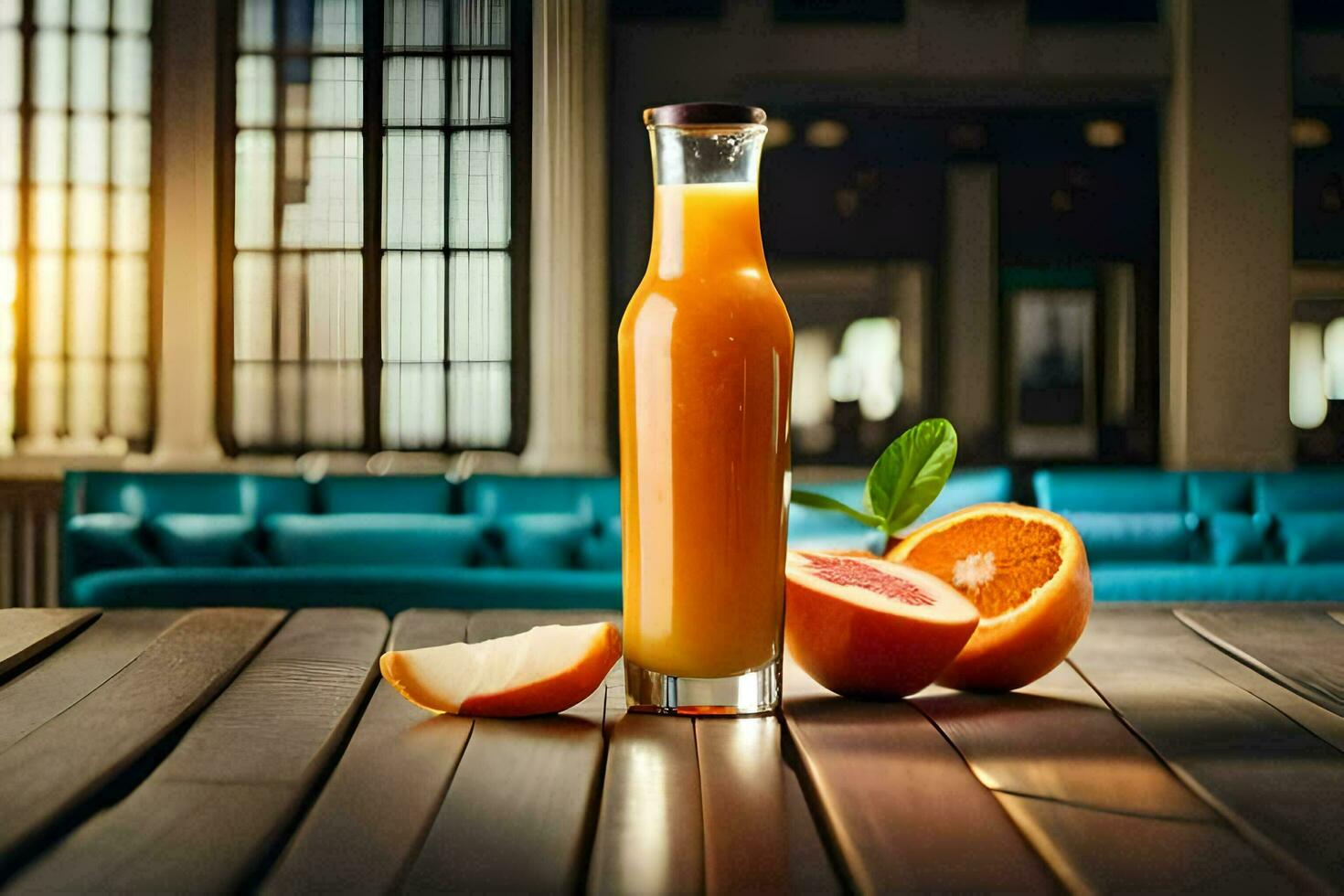 naranja jugo en un vaso botella en un de madera mesa. generado por ai foto