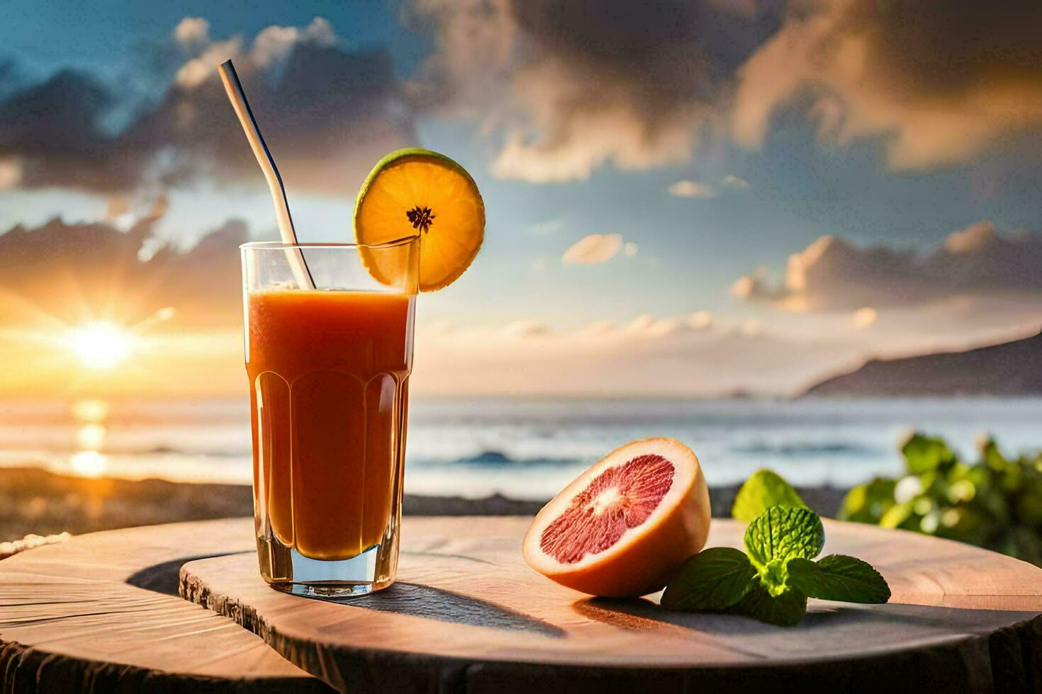 un vaso de naranja jugo con un rebanada de pomelo en un de madera mesa. generado por ai foto