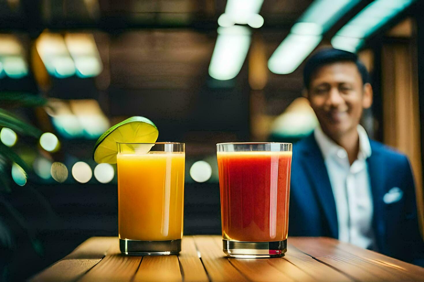 a man in a suit sitting next to two glasses of juice. AI-Generated photo