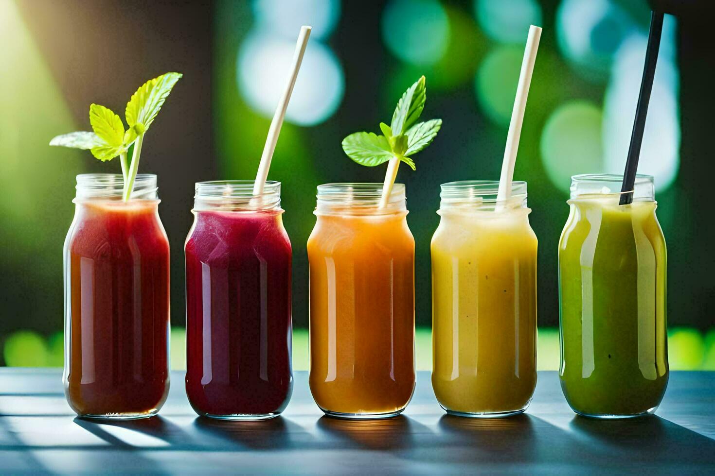 five different types of juices in glass bottles. AIGenerated 33418097