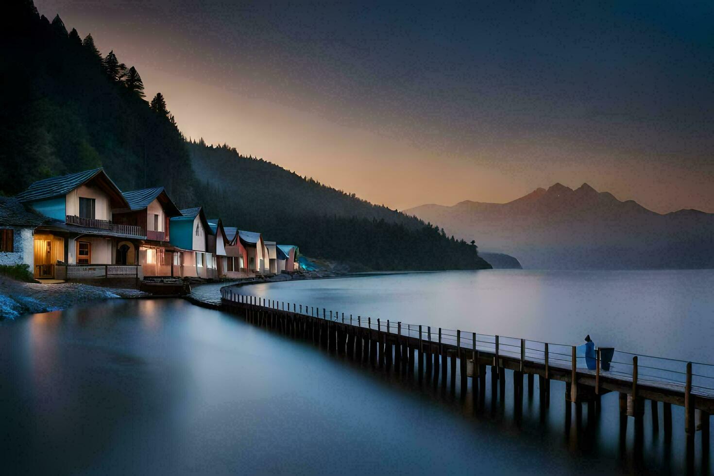 a pier with houses on it at sunset. AI-Generated photo