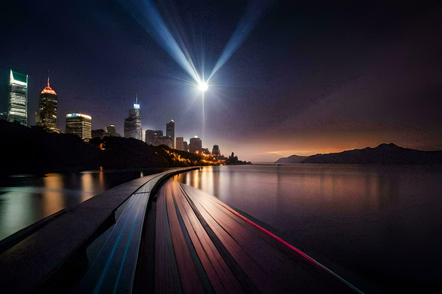 un largo exposición foto de un ciudad horizonte a noche. generado por ai