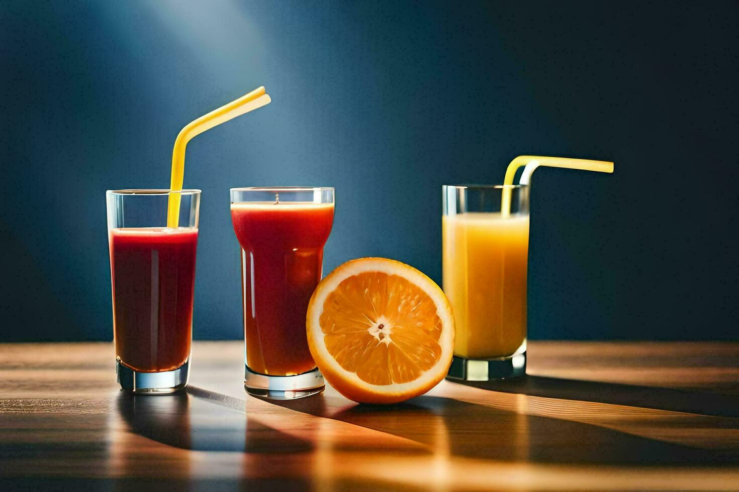 Tres lentes de naranja jugo y naranja rebanadas generado por ai foto