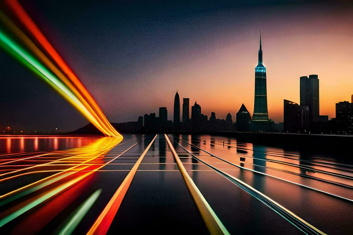 a city skyline with colorful lights and a long exposure. AI-Generated photo