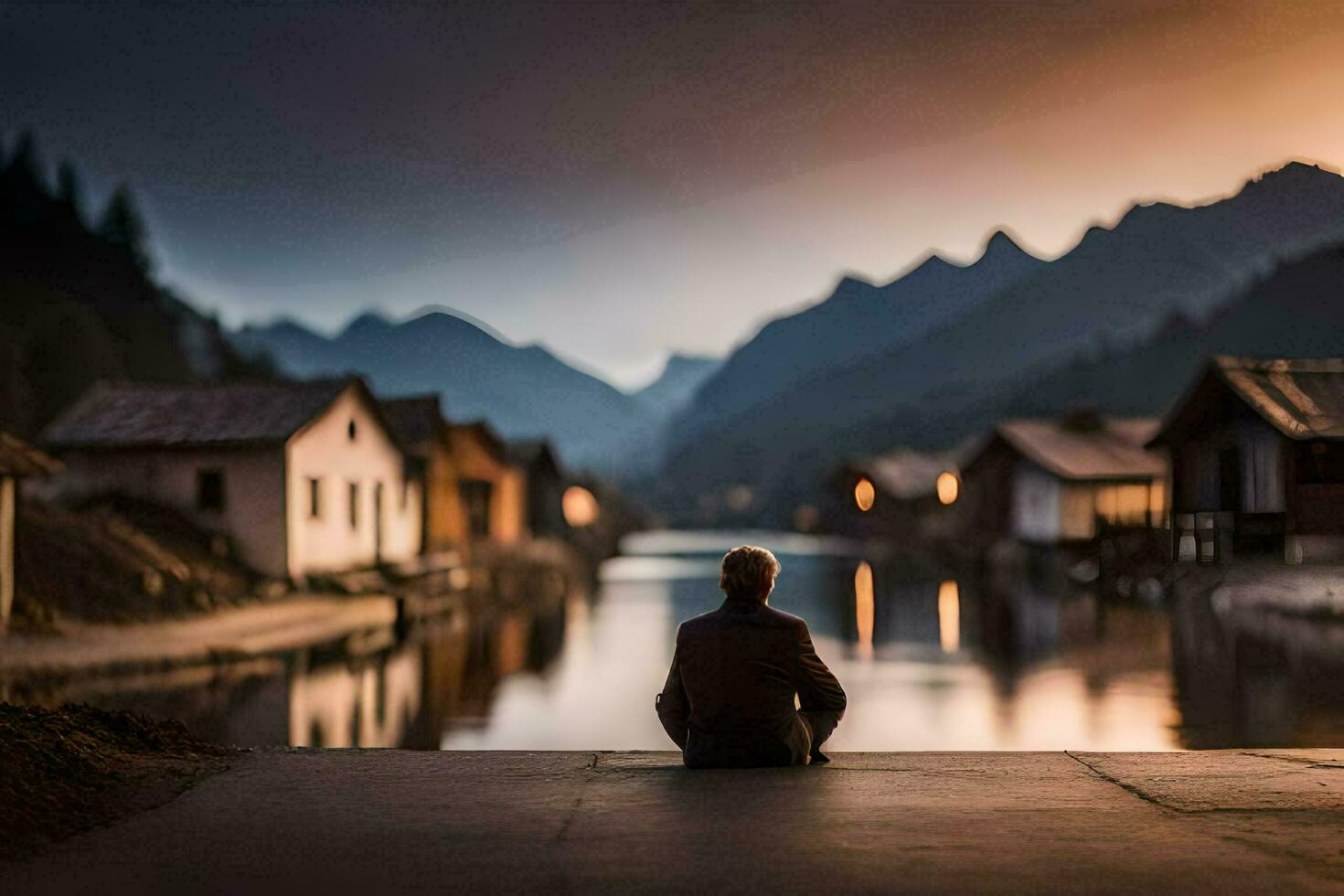 a man sits on the edge of a road looking at the water. AI-Generated photo